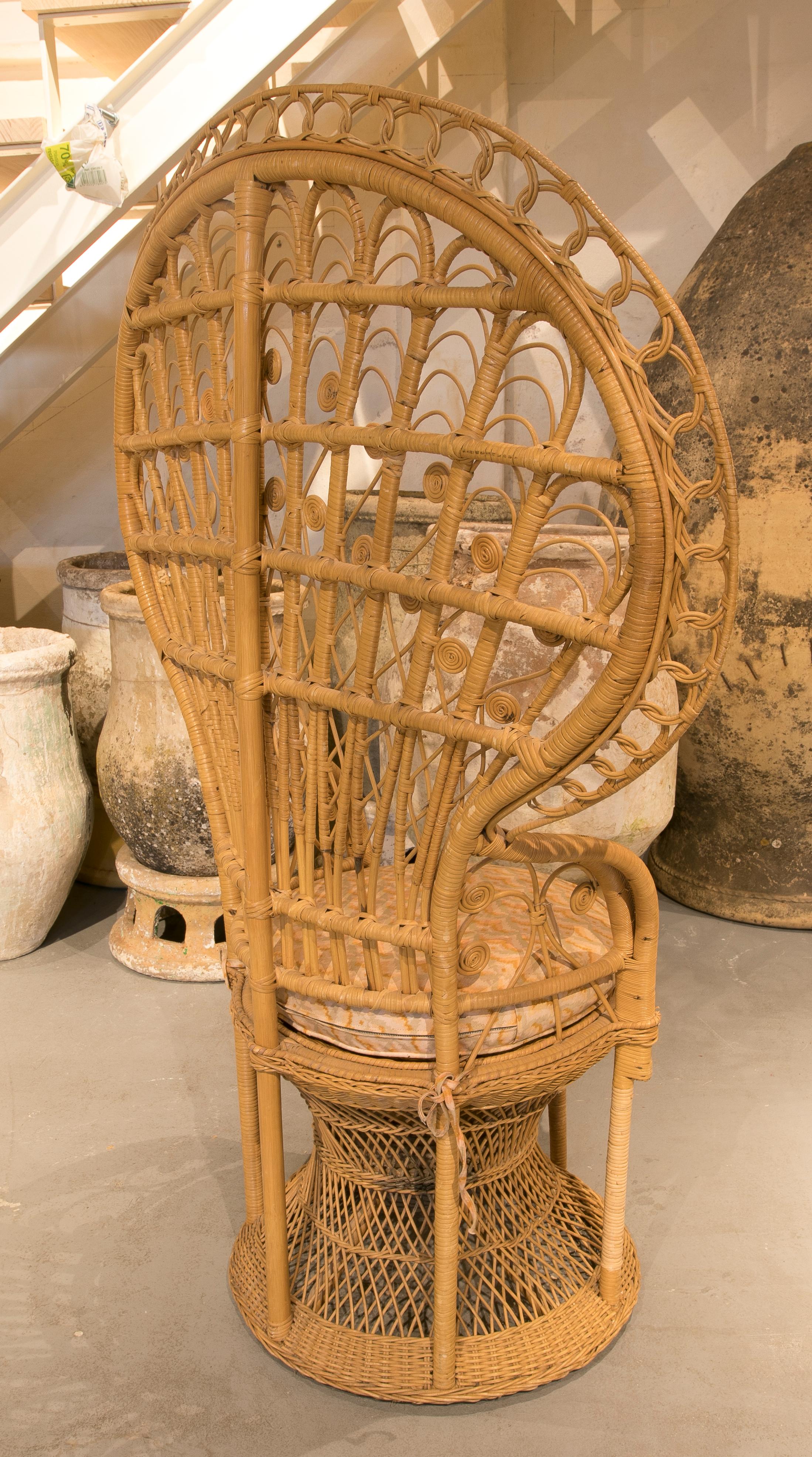 1980s Handmade Wicker Armchair with High Backrest For Sale 1