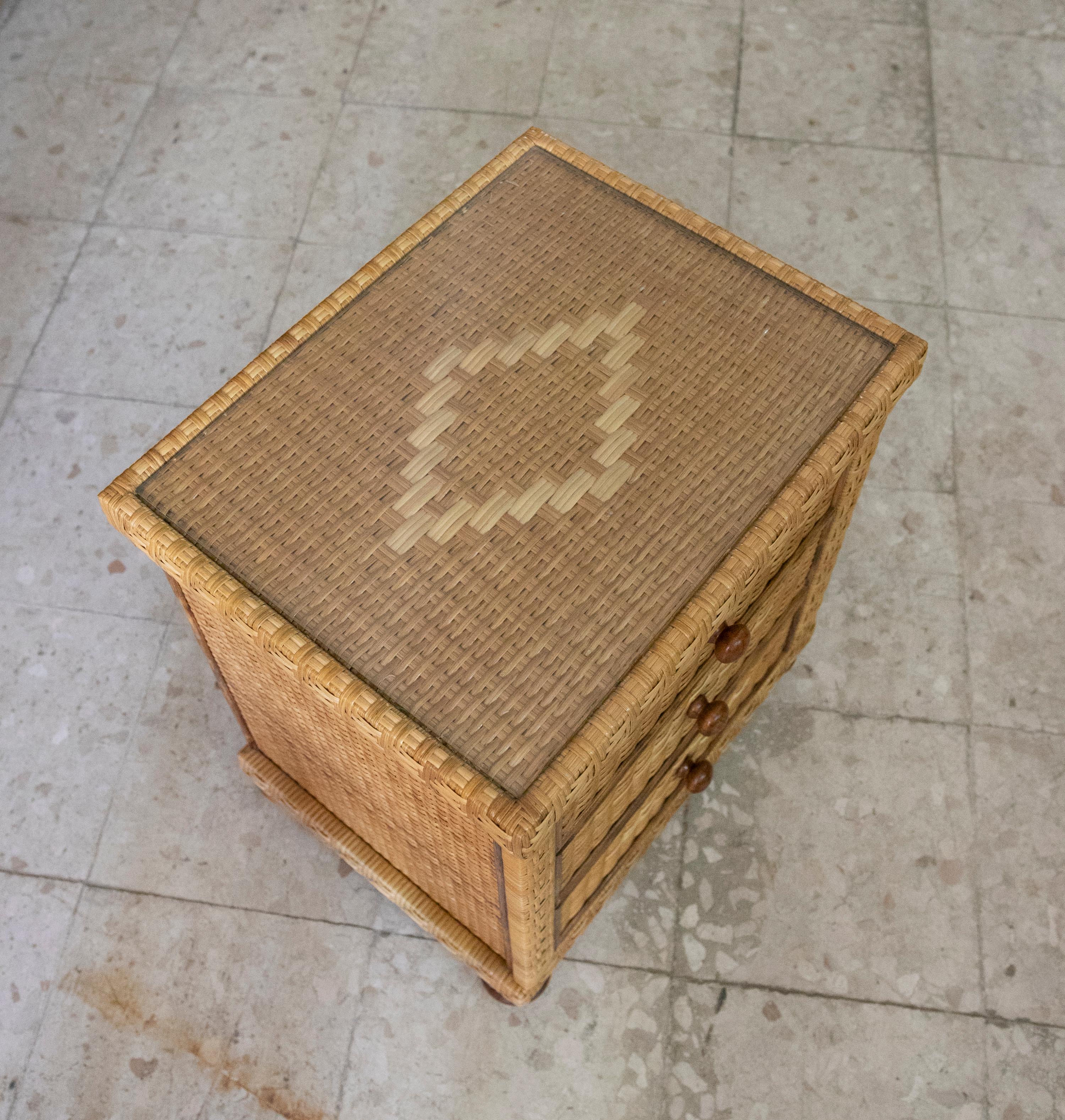 1980s Handmade Wicker Sidetable with Three Drawers For Sale 1