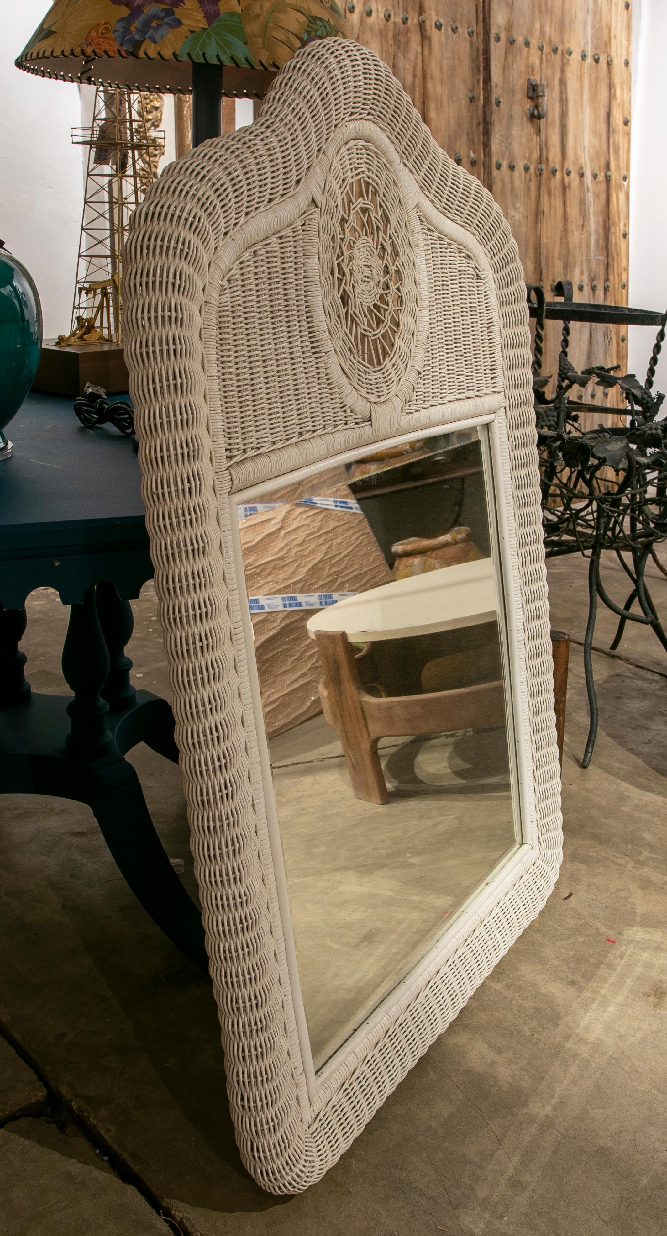 1980s Handmade Wicker Wall Mirror Painted in White 