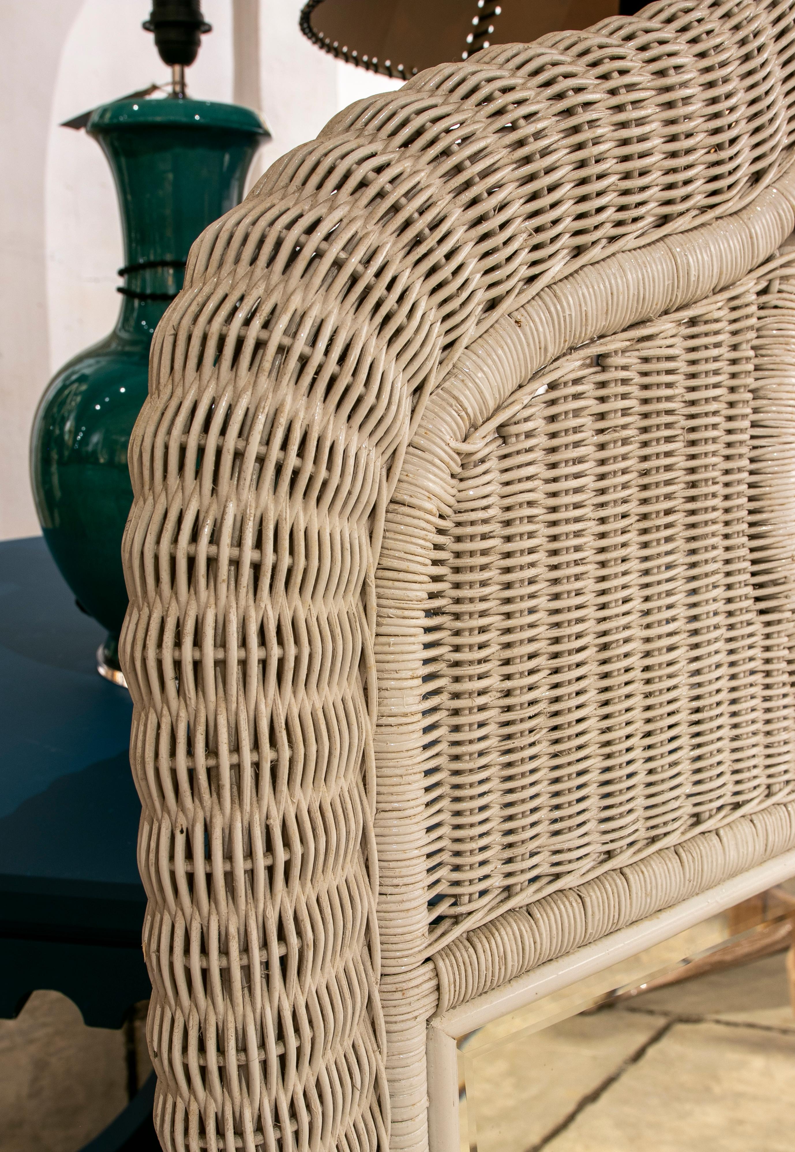 Spanish 1980s Handmade Wicker Wall Mirror Painted in White