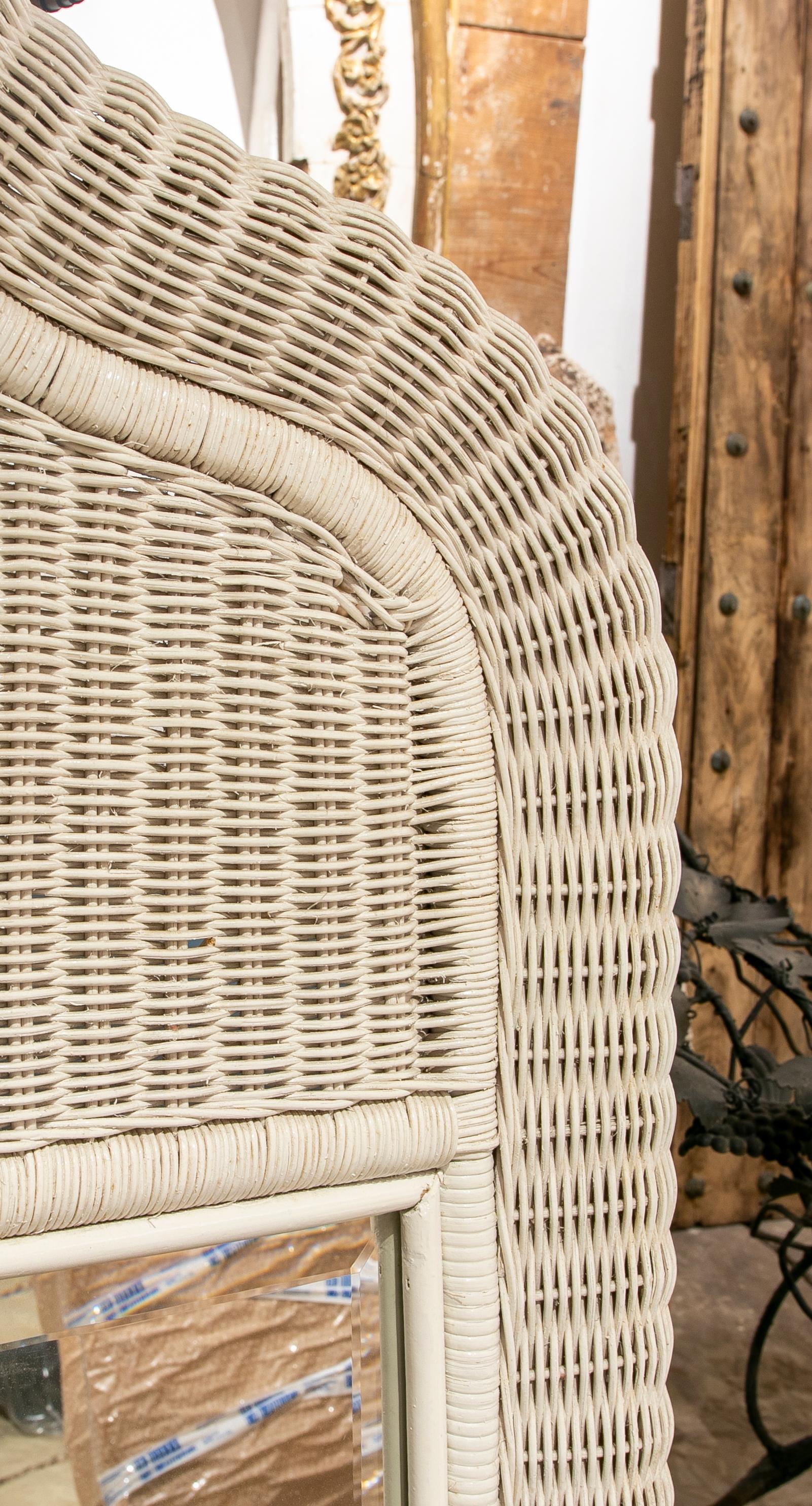 1980s Handmade Wicker Wall Mirror Painted in White 2