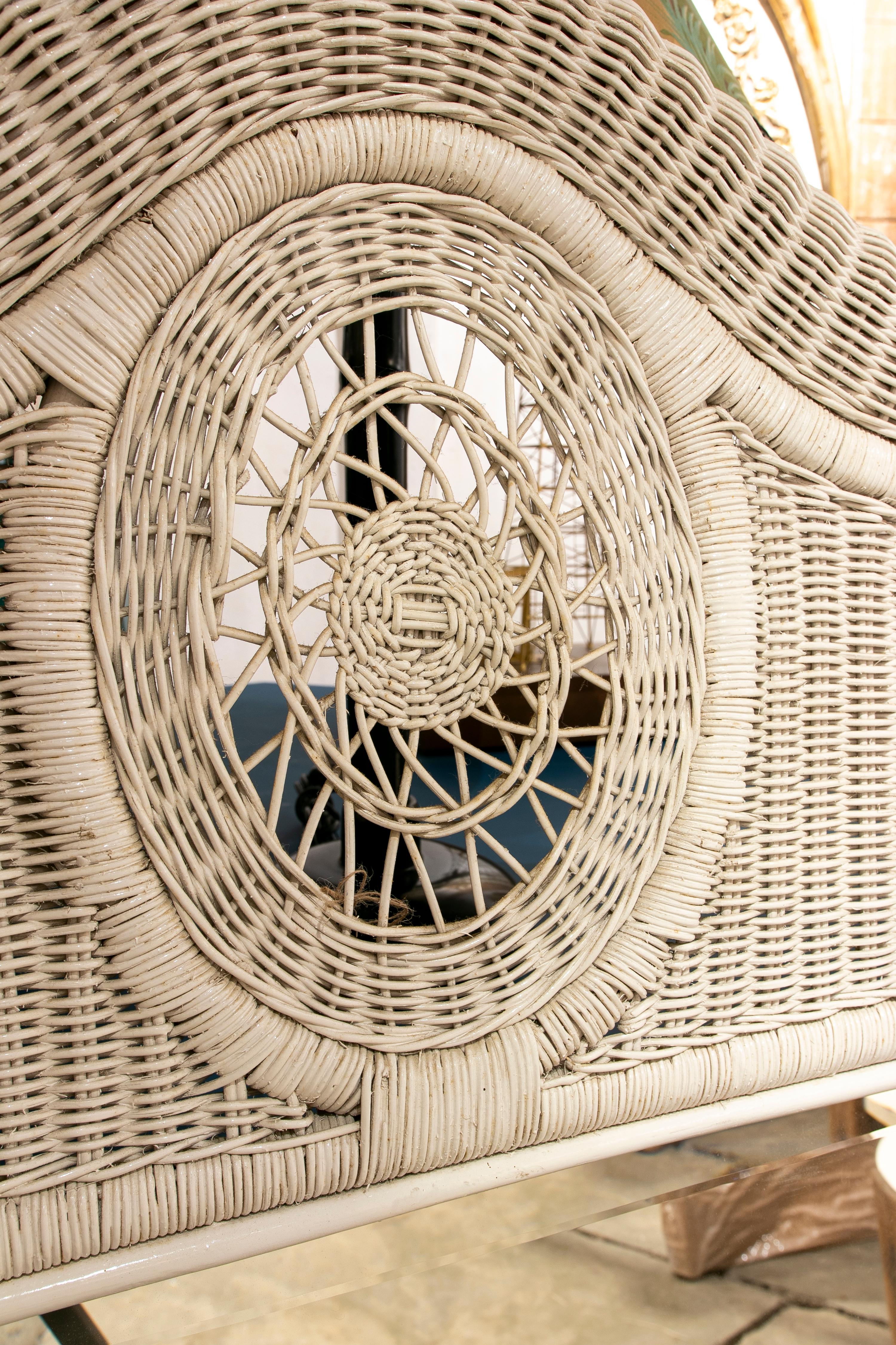 1980s Handmade Wicker Wall Mirror Painted in White 3