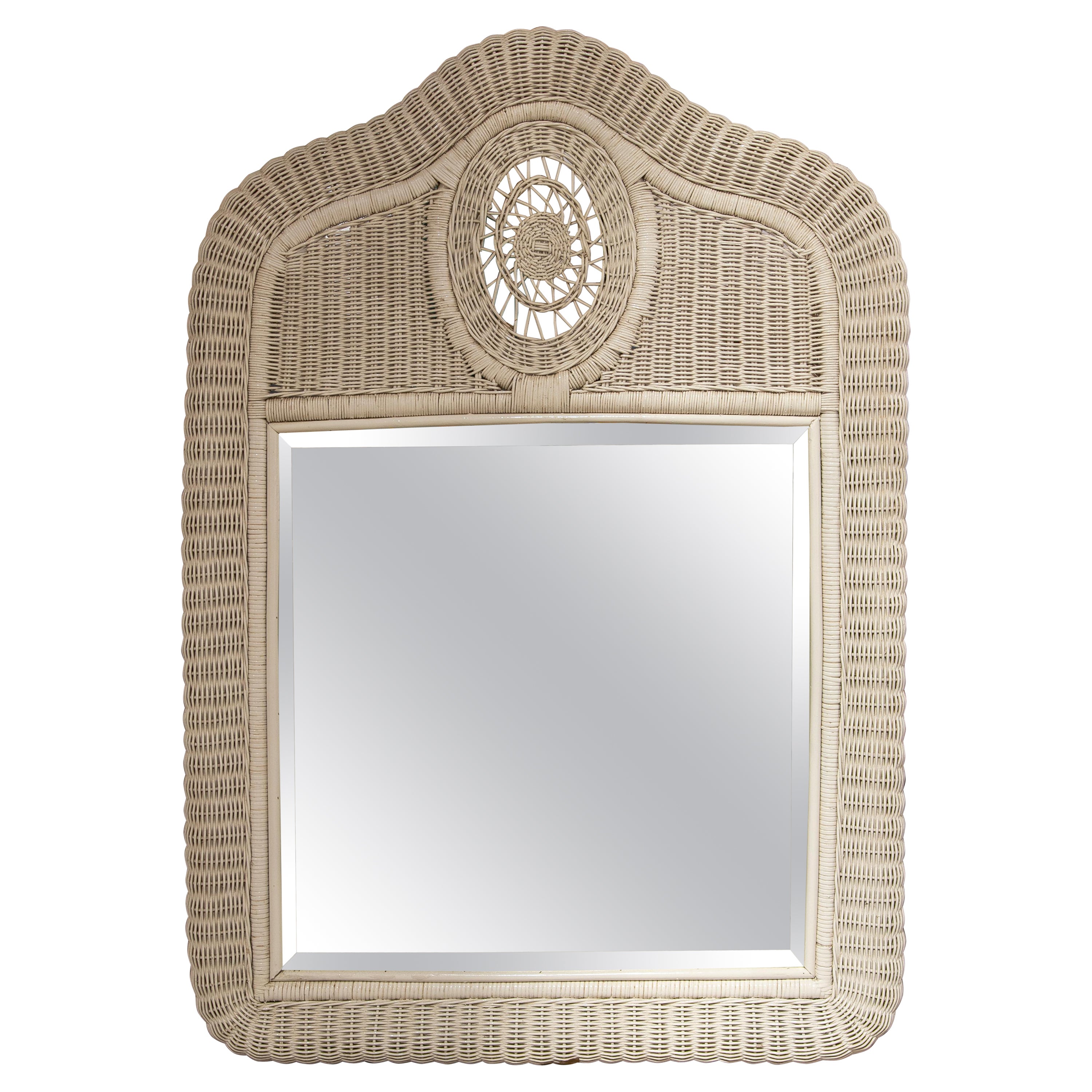 1980s Handmade Wicker Wall Mirror Painted in White
