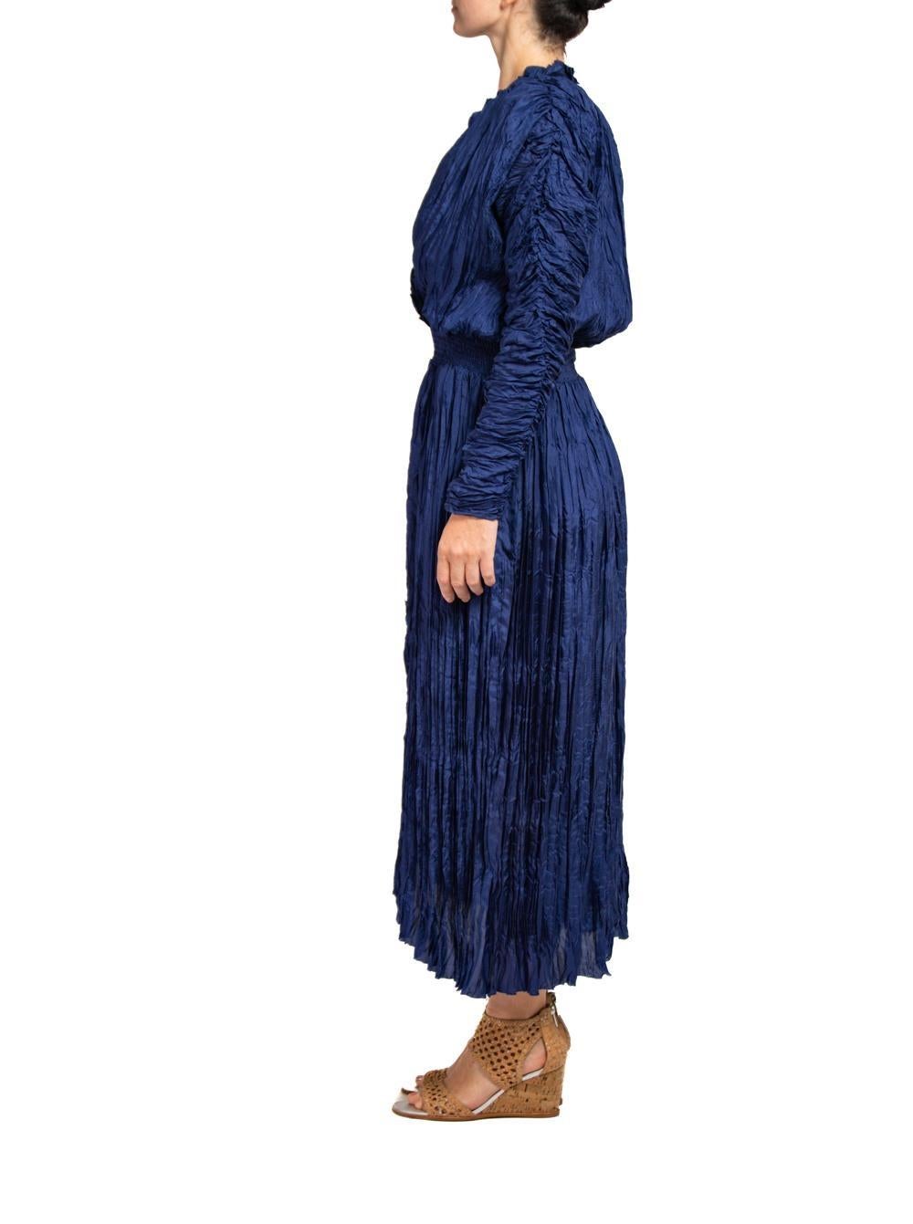 1980S HANNA HARTWELL Blue Long Sleeve With Elastic Waist Band  Dress In Excellent Condition For Sale In New York, NY