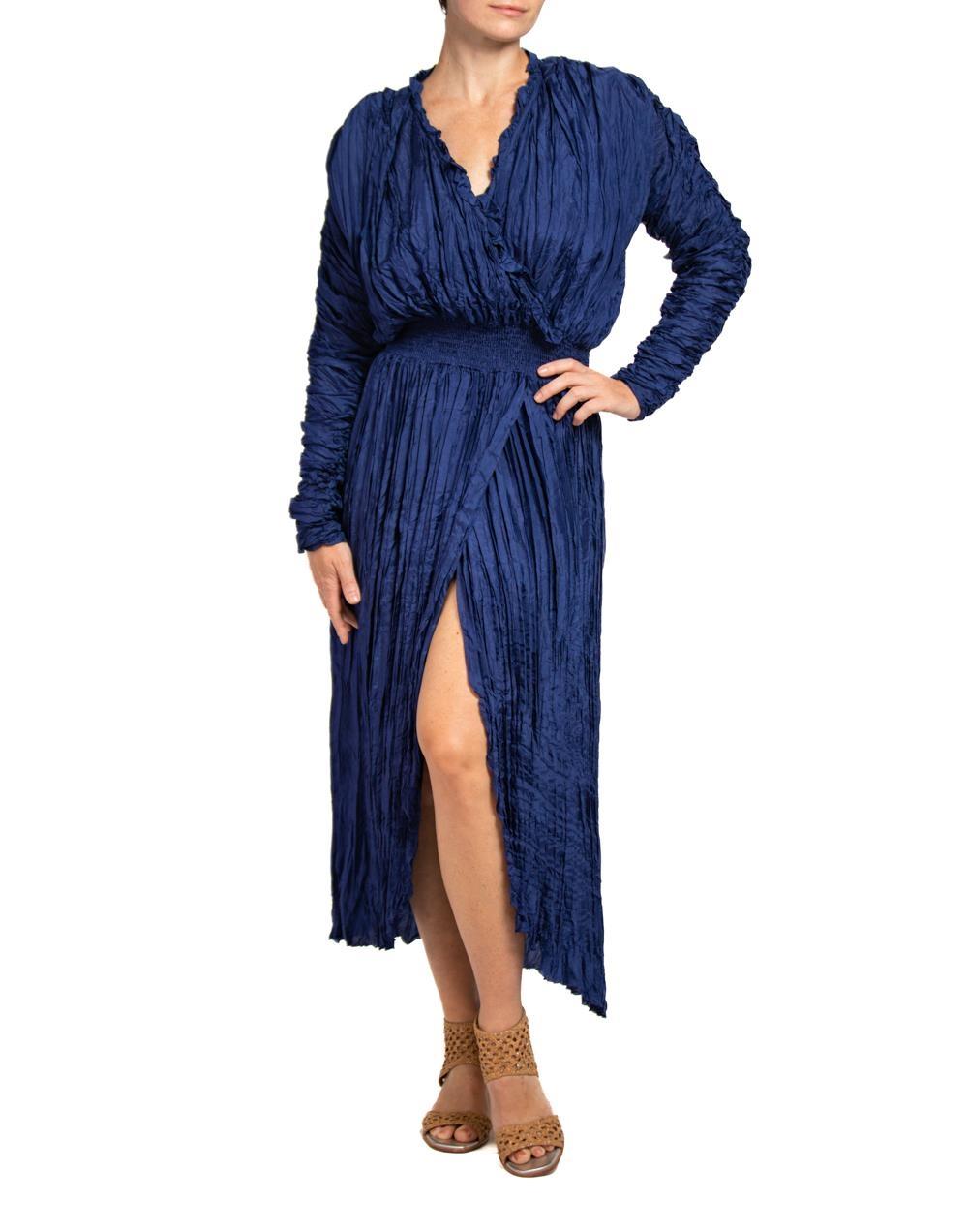 1980S HANNA HARTWELL Blue Long Sleeve With Elastic Waist Band  Dress For Sale 1