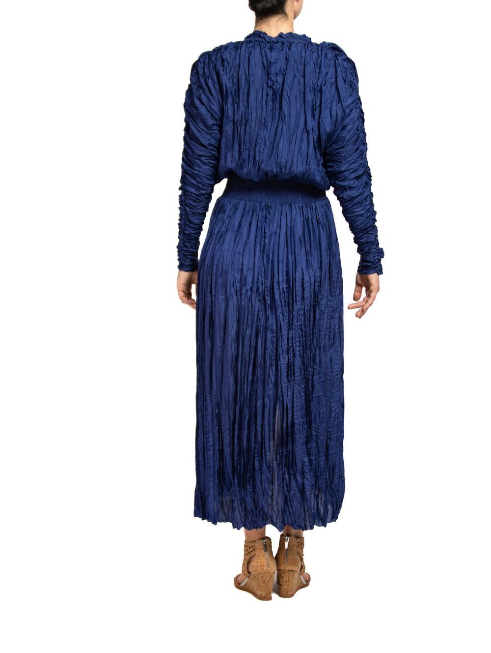 1980S HANNA HARTWELL Blue Long Sleeve With Elastic Waist Band  Dress For Sale 2
