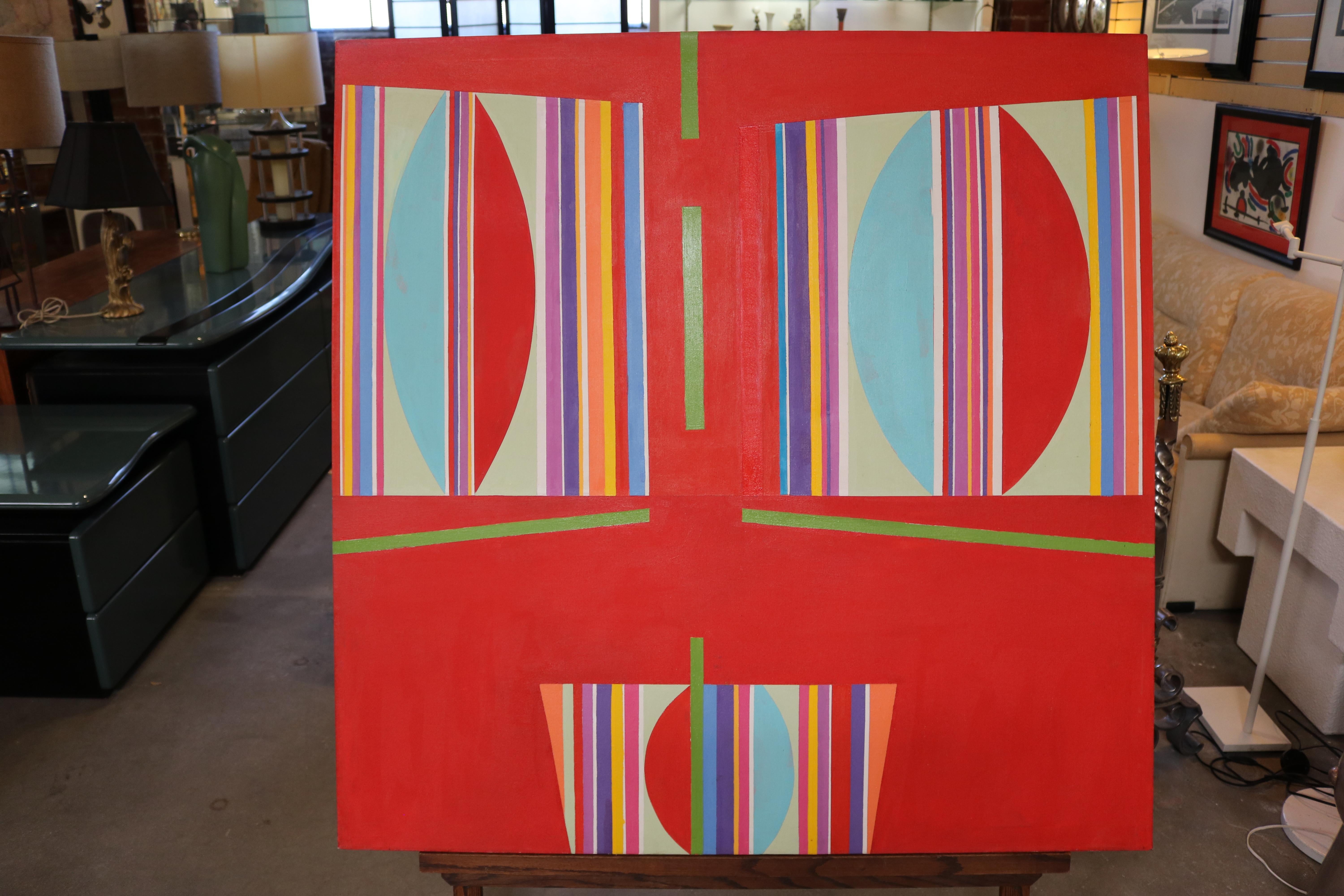 This bright red abstract painting with sections of multi color by painter Bart Berry (1906-1992) features standout geometric and sharp angles shapes. 
