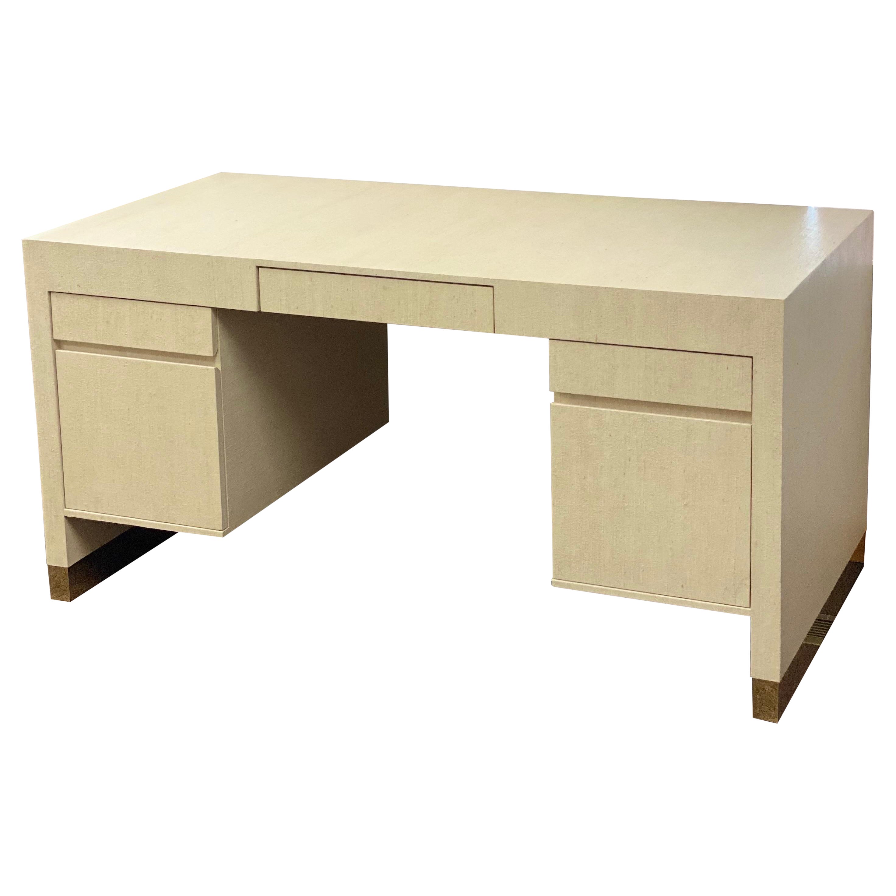1980s Harrison Van Horn Natural Grasscloth Tanker Pedestal Desk