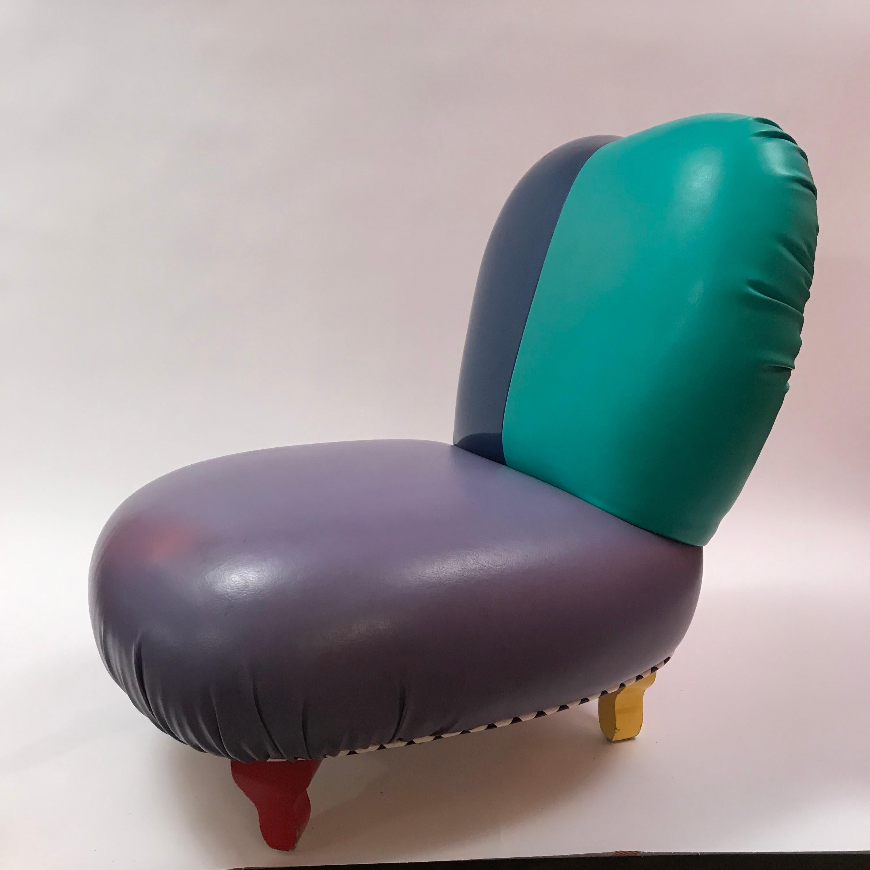 Mid-Century Modern 1980's Harry Siegel Memphis Inspired Club Chair in Multicolor Faux Leather For Sale