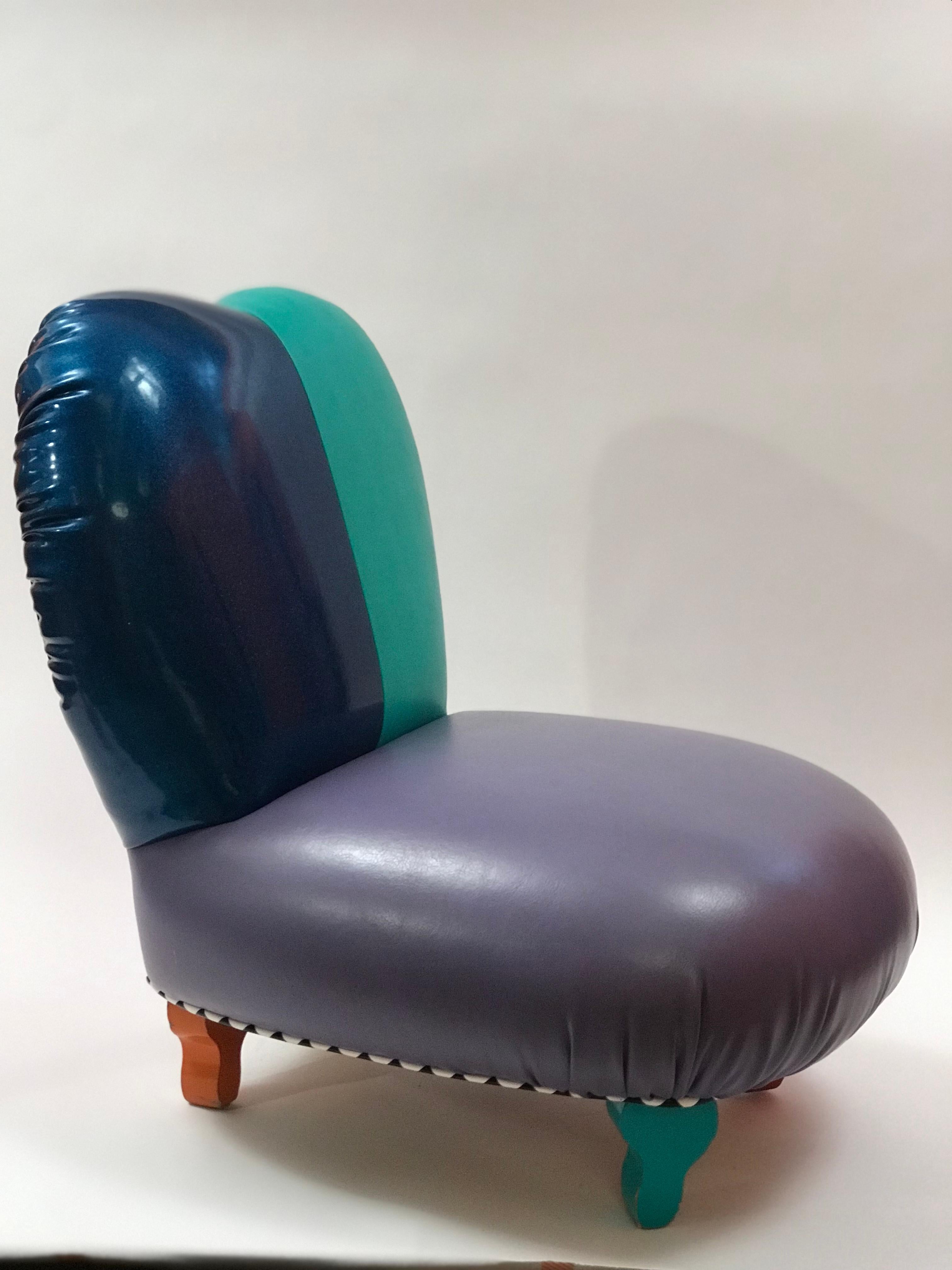 American 1980's Harry Siegel Memphis Inspired Club Chair in Multicolor Faux Leather For Sale