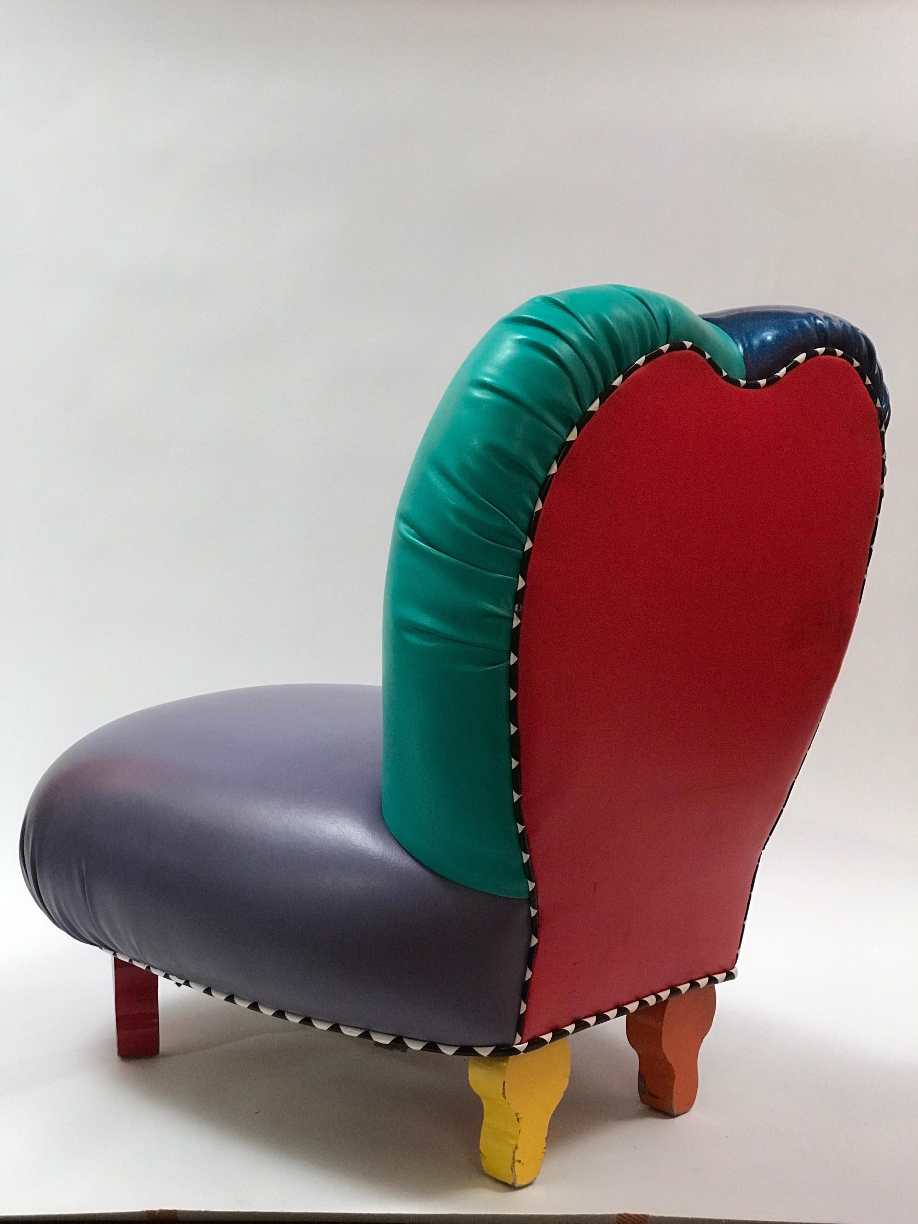 Hand-Crafted 1980's Harry Siegel Memphis Inspired Club Chair in Multicolor Faux Leather For Sale