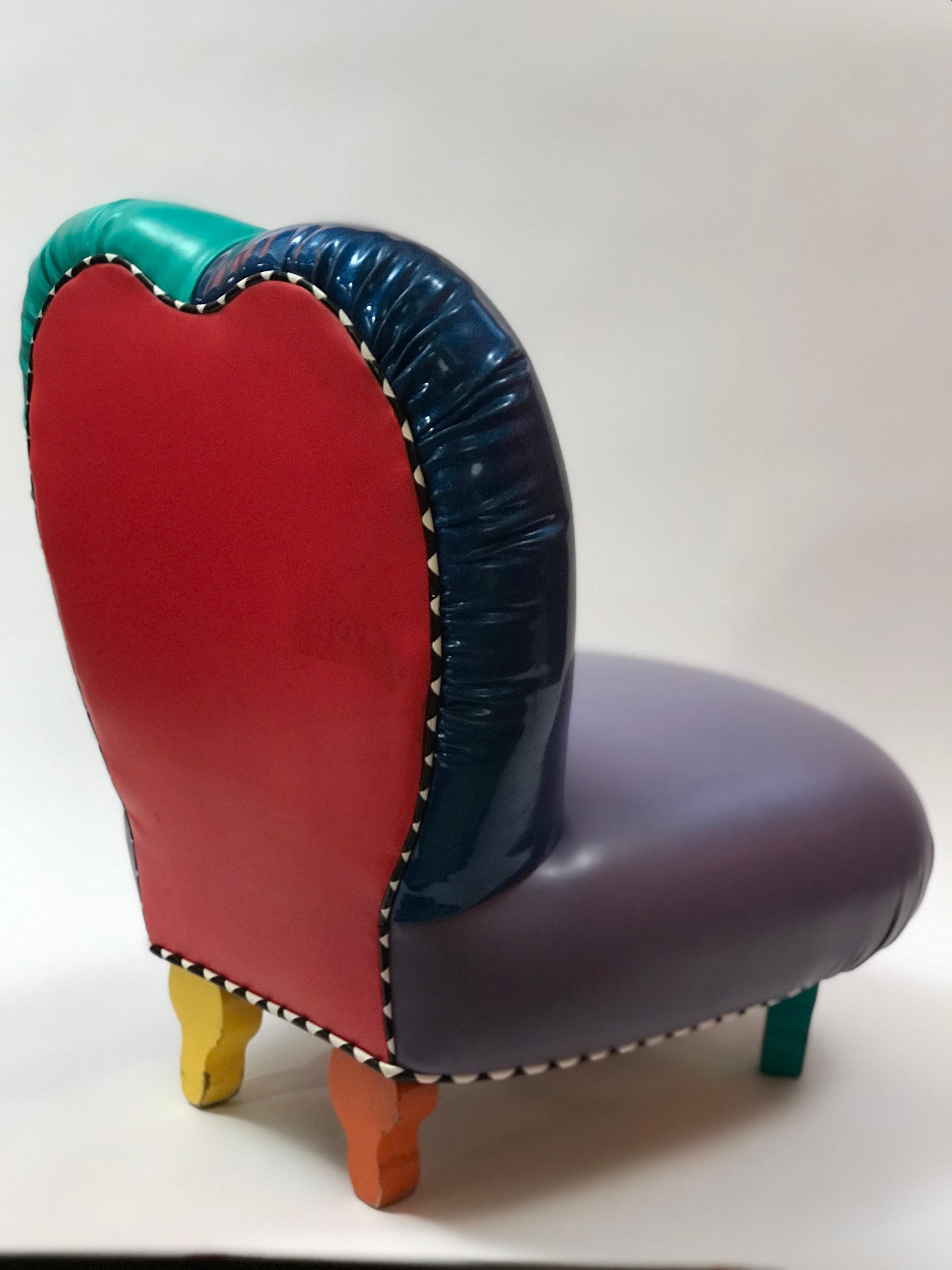 1980's Harry Siegel Memphis Inspired Club Chair in Multicolor Faux Leather In Good Condition For Sale In Fort mill, SC