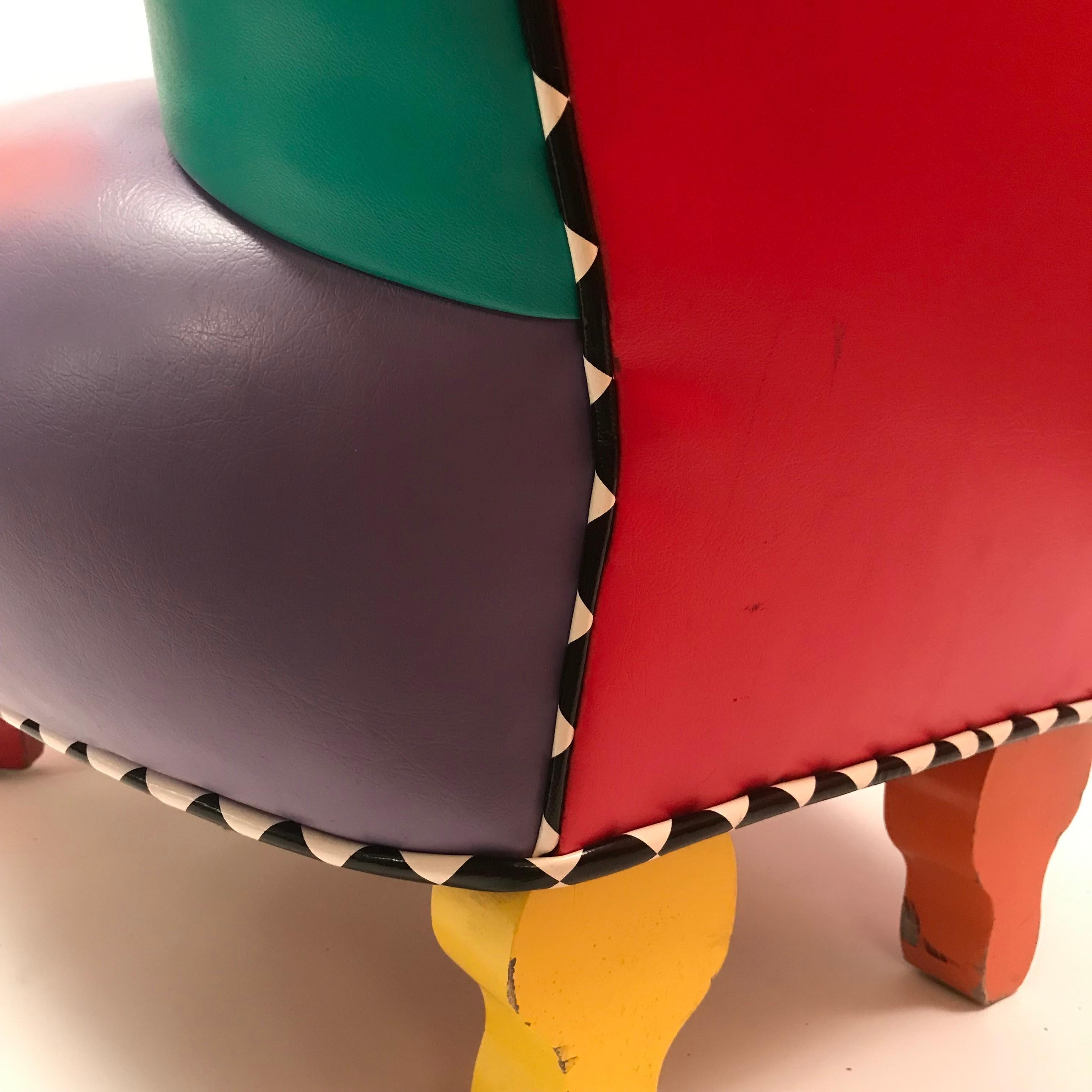 Late 20th Century 1980's Harry Siegel Memphis Inspired Club Chair in Multicolor Faux Leather For Sale