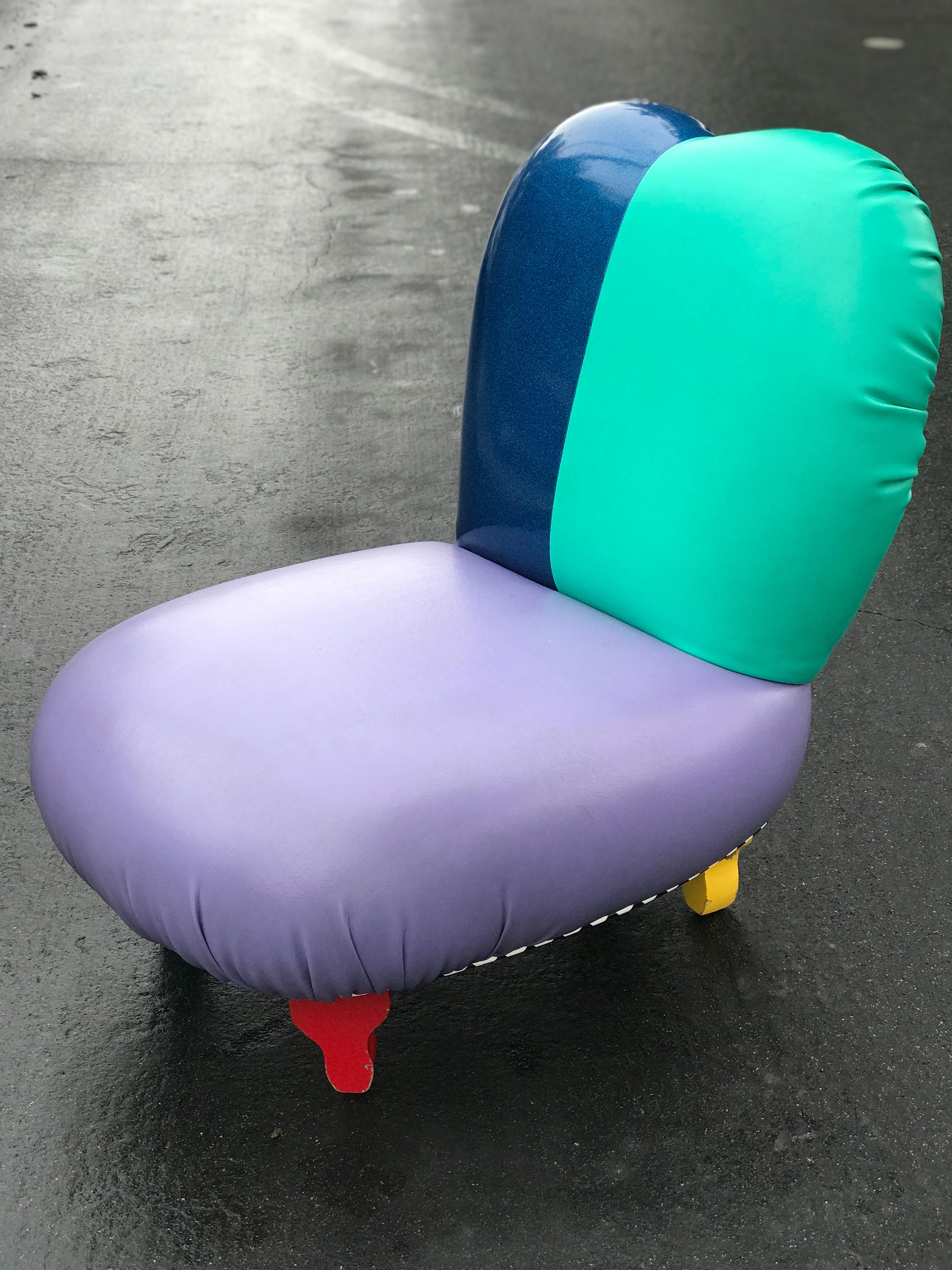 1980's Harry Siegel Memphis Inspired Club Chair in Multicolor Faux Leather For Sale 2
