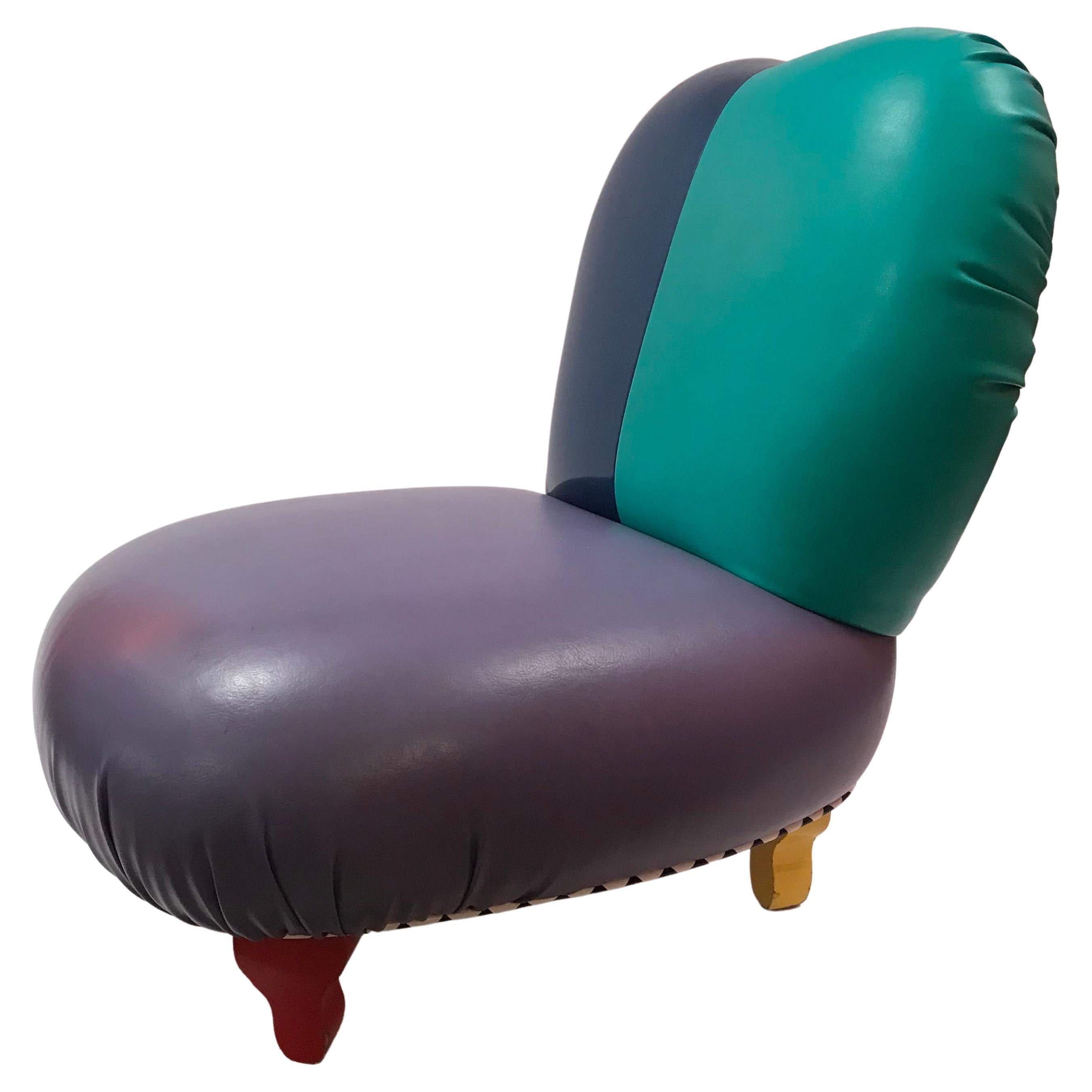 1980's Harry Siegel Memphis Inspired Club Chair in Multicolor Faux Leather For Sale