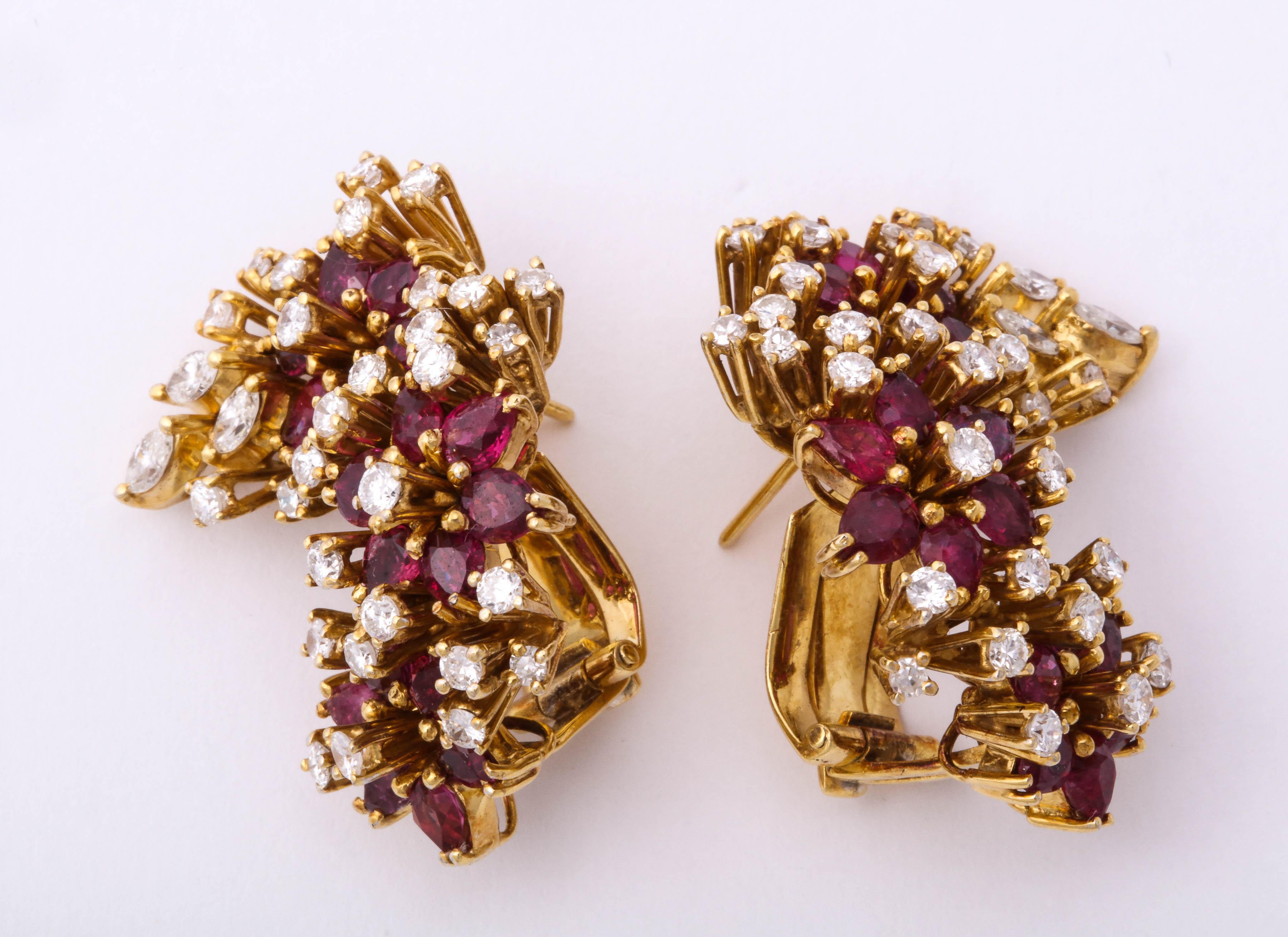 1980s Hawaii Pattern Ruby with Diamonds Half Circle Gold Earclips 2