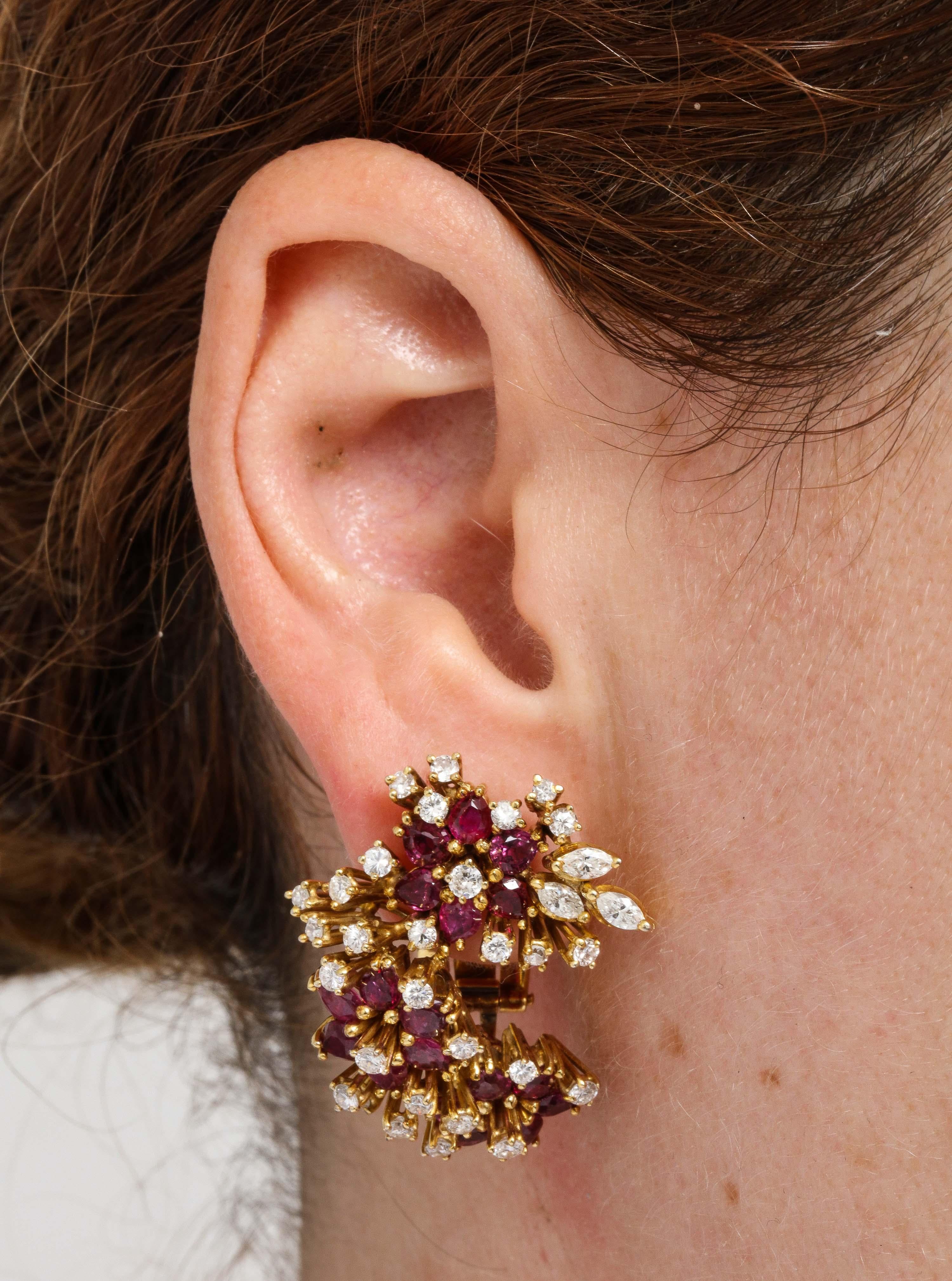 1980s Hawaii Pattern Ruby with Diamonds Half Circle Gold Earclips 3