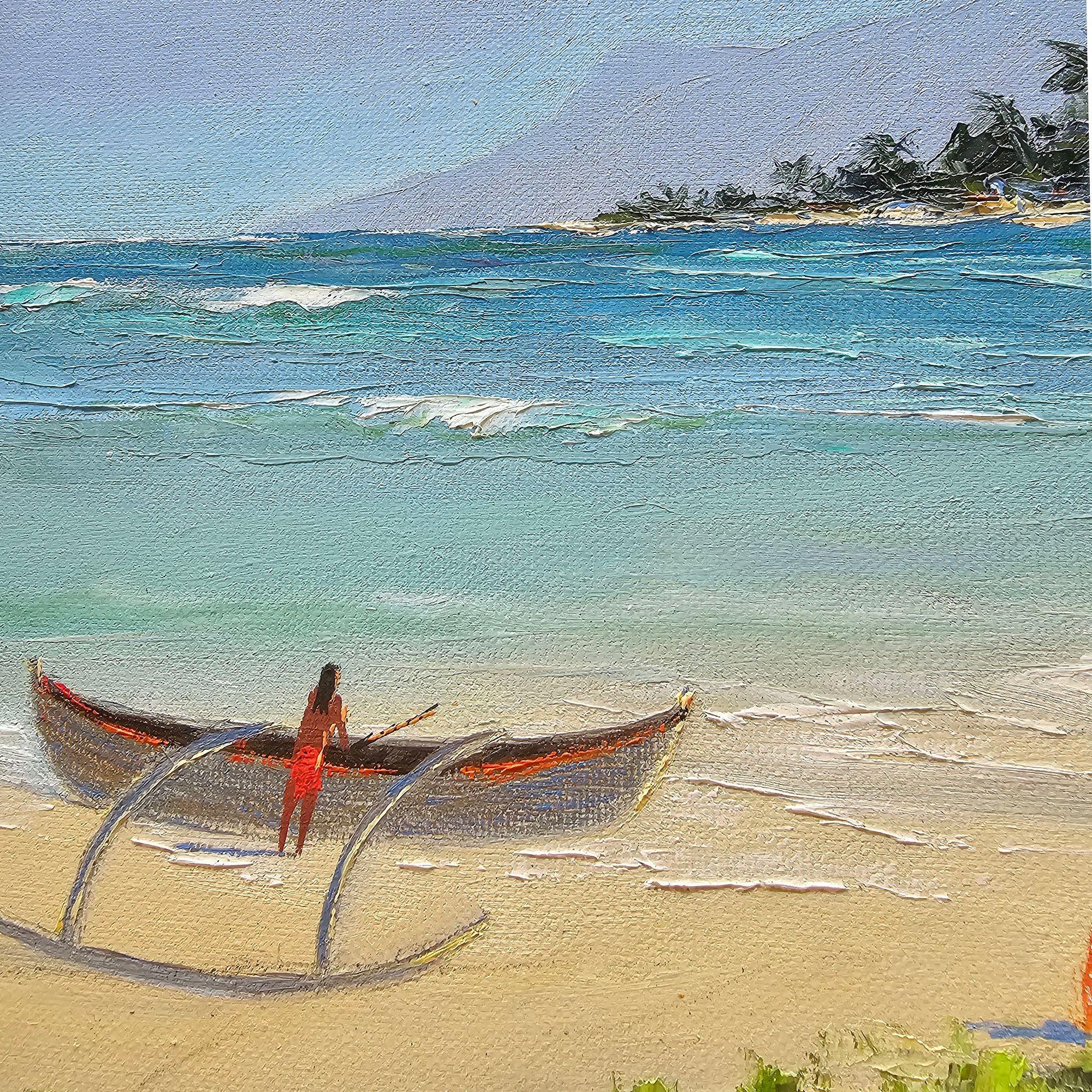 Moderno Paesaggio hawaiano del 1980 olio su tavola di Daris Davis in cornice di Wood Tropicale in vendita