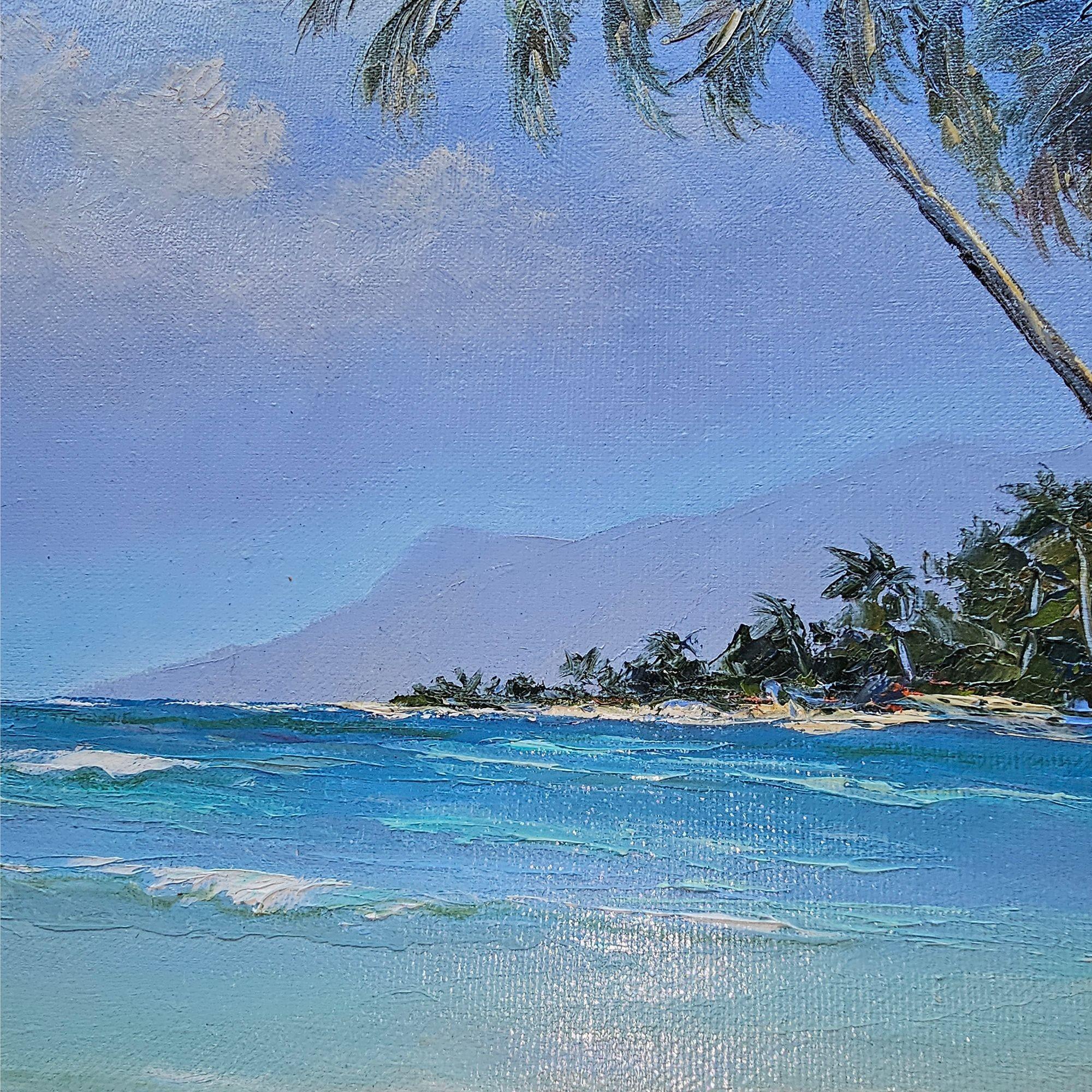 Americano Paesaggio hawaiano del 1980 olio su tavola di Daris Davis in cornice di Wood Tropicale in vendita