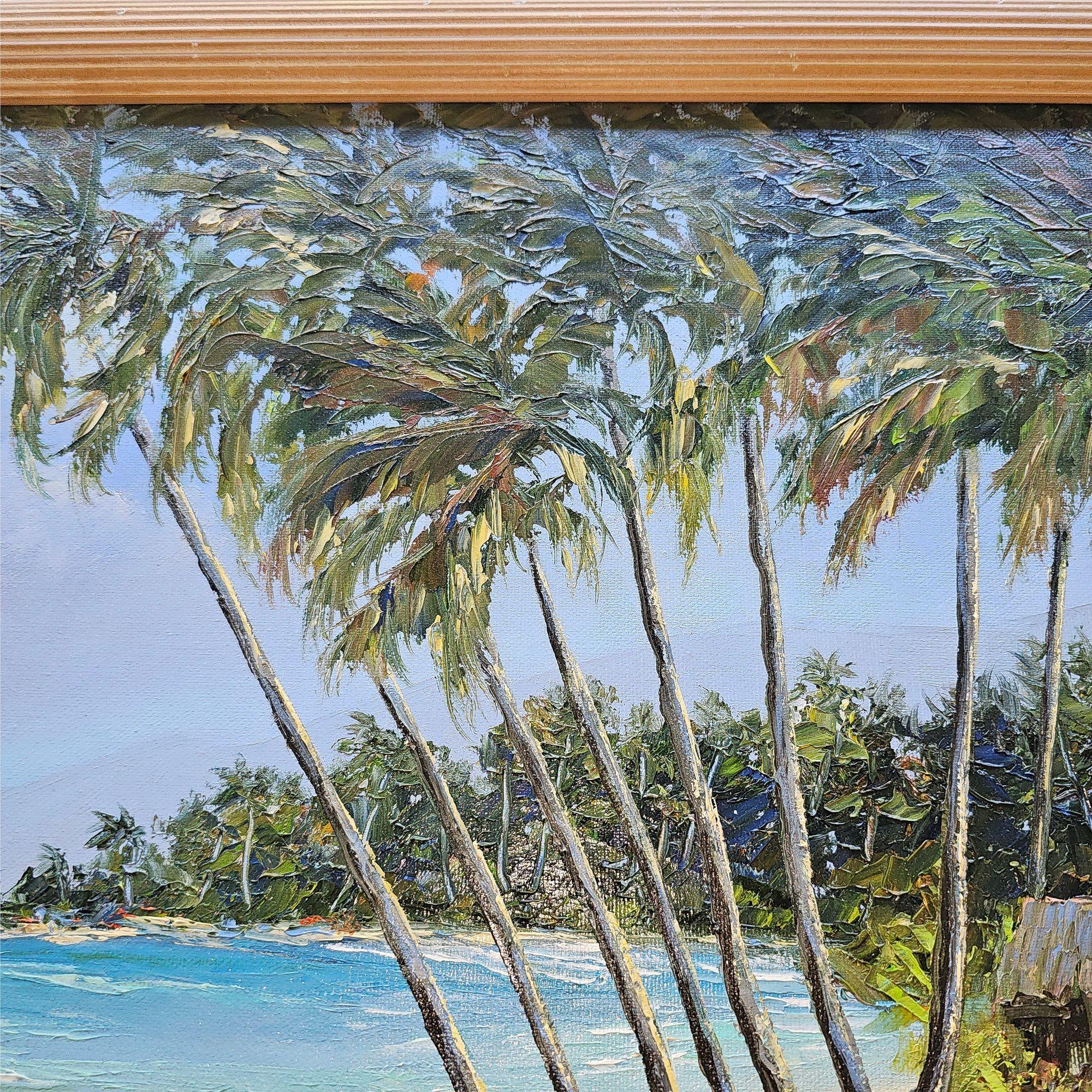 Paesaggio hawaiano del 1980 olio su tavola di Daris Davis in cornice di Wood Tropicale In condizioni ottime in vendita a Van Nuys, CA