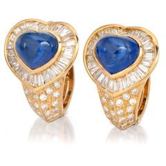 1980s Heart Sapphire Diamond 18K Yellow Gold Clip-On Earrings