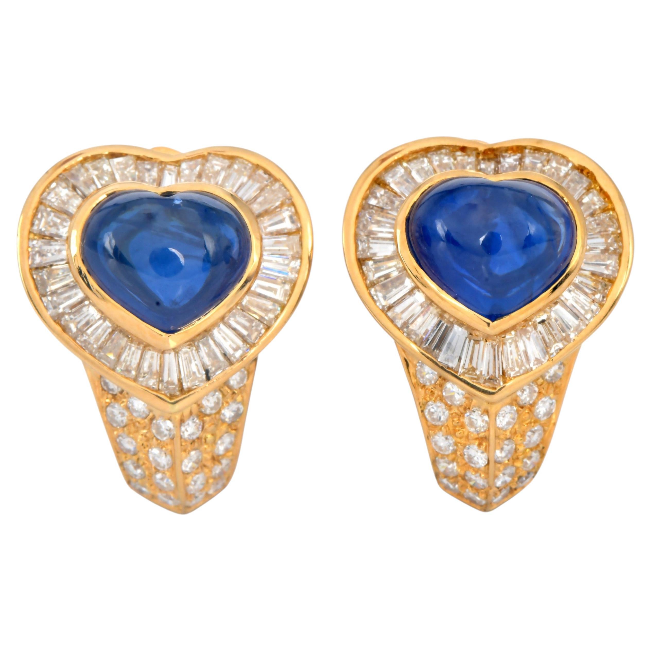 1980s Heart Sapphire Diamond 18K Yellow Gold Clip-On Earrings