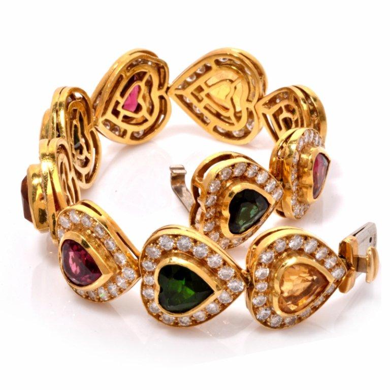 Women's or Men's 1980s Heart Shape Multi-Gems 18 Karat Gold Bracelet