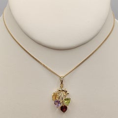 1980's Heart Shaped Amethyst, Citrine, Garnet, Peridot 14k Gold Necklace Pendant