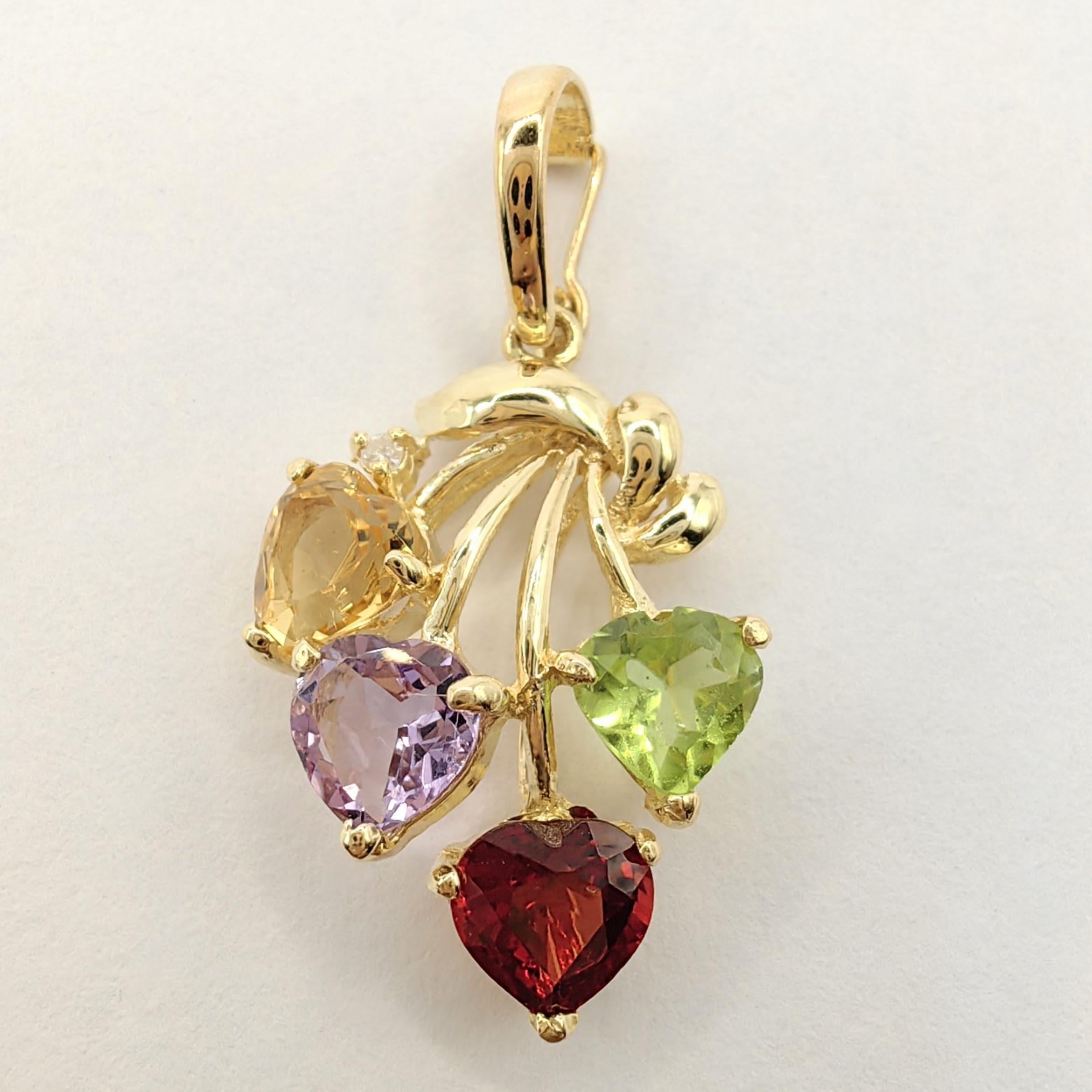 Contemporary 1980's Heart Shaped Amethyst, Citrine, Garnet, Peridot 14k Gold Necklace Pendant For Sale