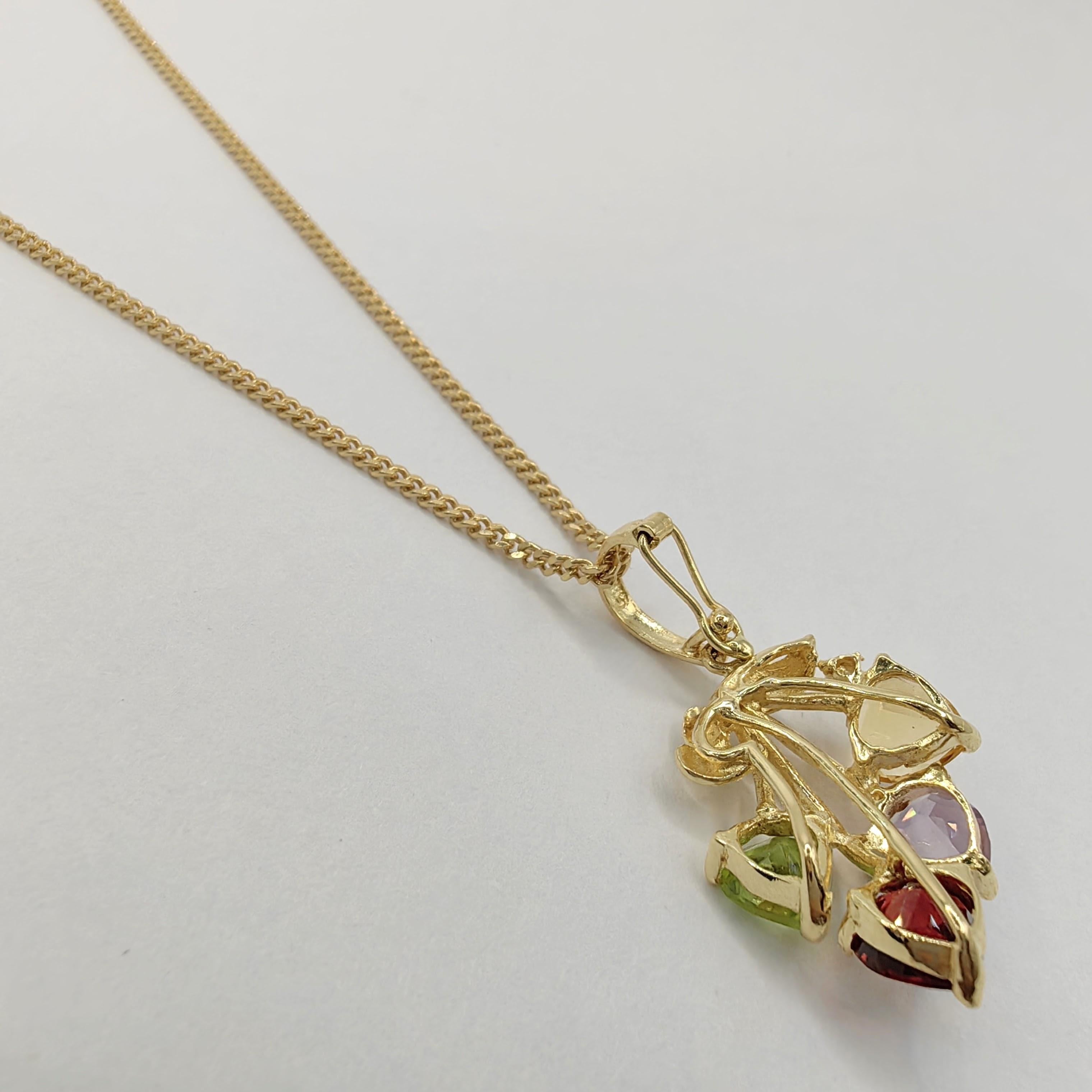 Women's 1980's Heart Shaped Amethyst, Citrine, Garnet, Peridot 14k Gold Necklace Pendant For Sale