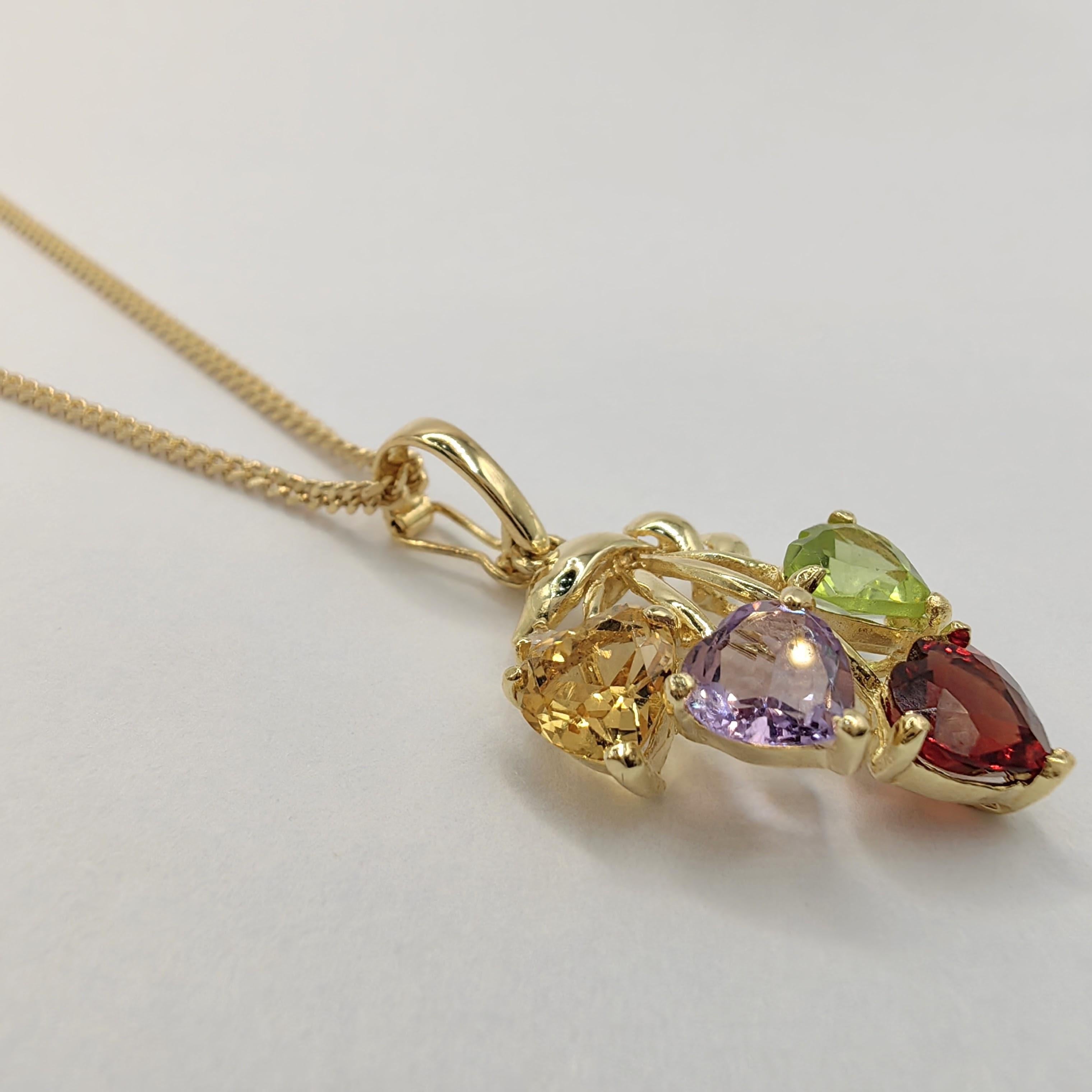 1980's Heart Shaped Amethyst, Citrine, Garnet, Peridot 14k Gold Necklace Pendant In New Condition For Sale In Wan Chai District, HK