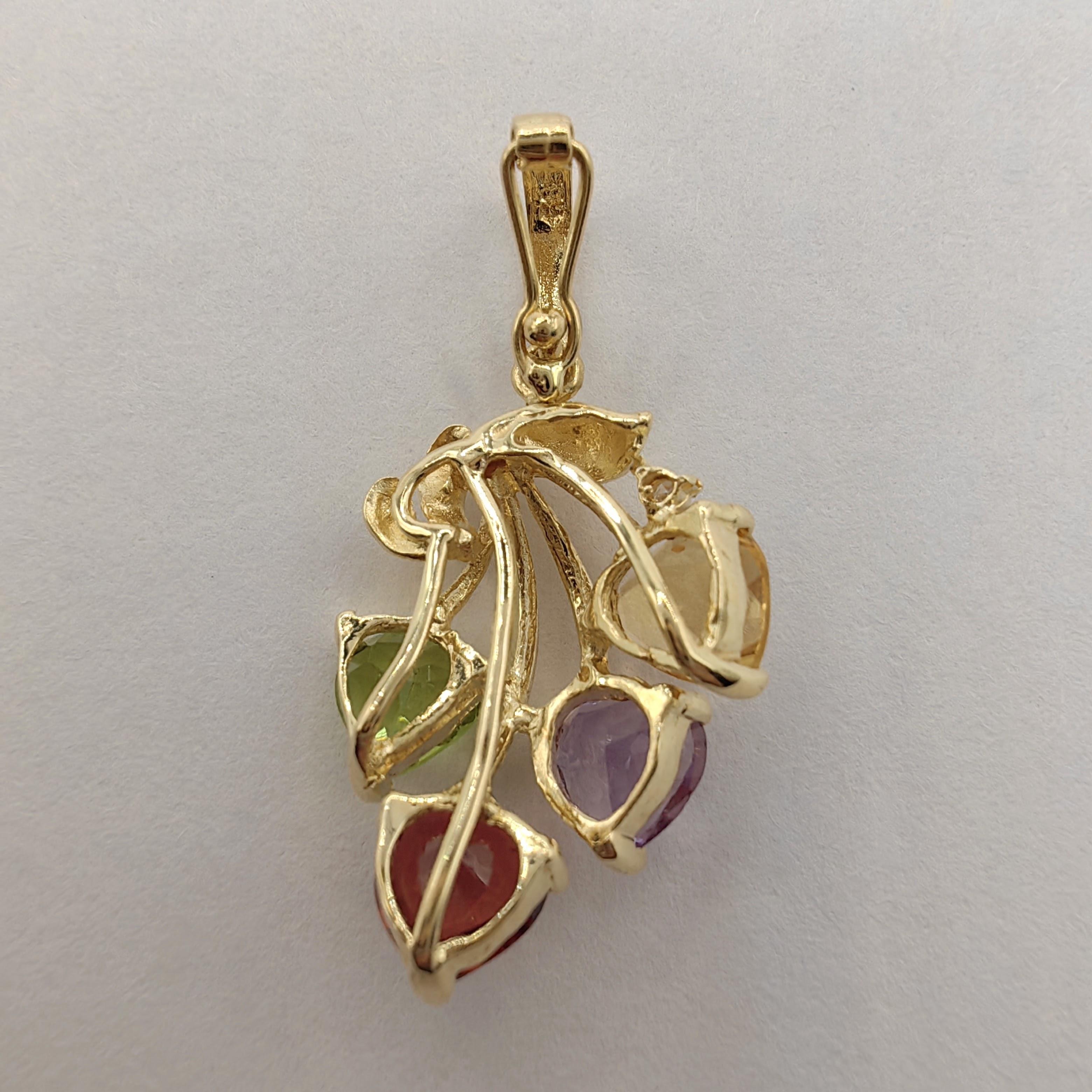 Heart Cut 1980's Heart Shaped Amethyst, Citrine, Garnet, Peridot 14k Gold Necklace Pendant For Sale
