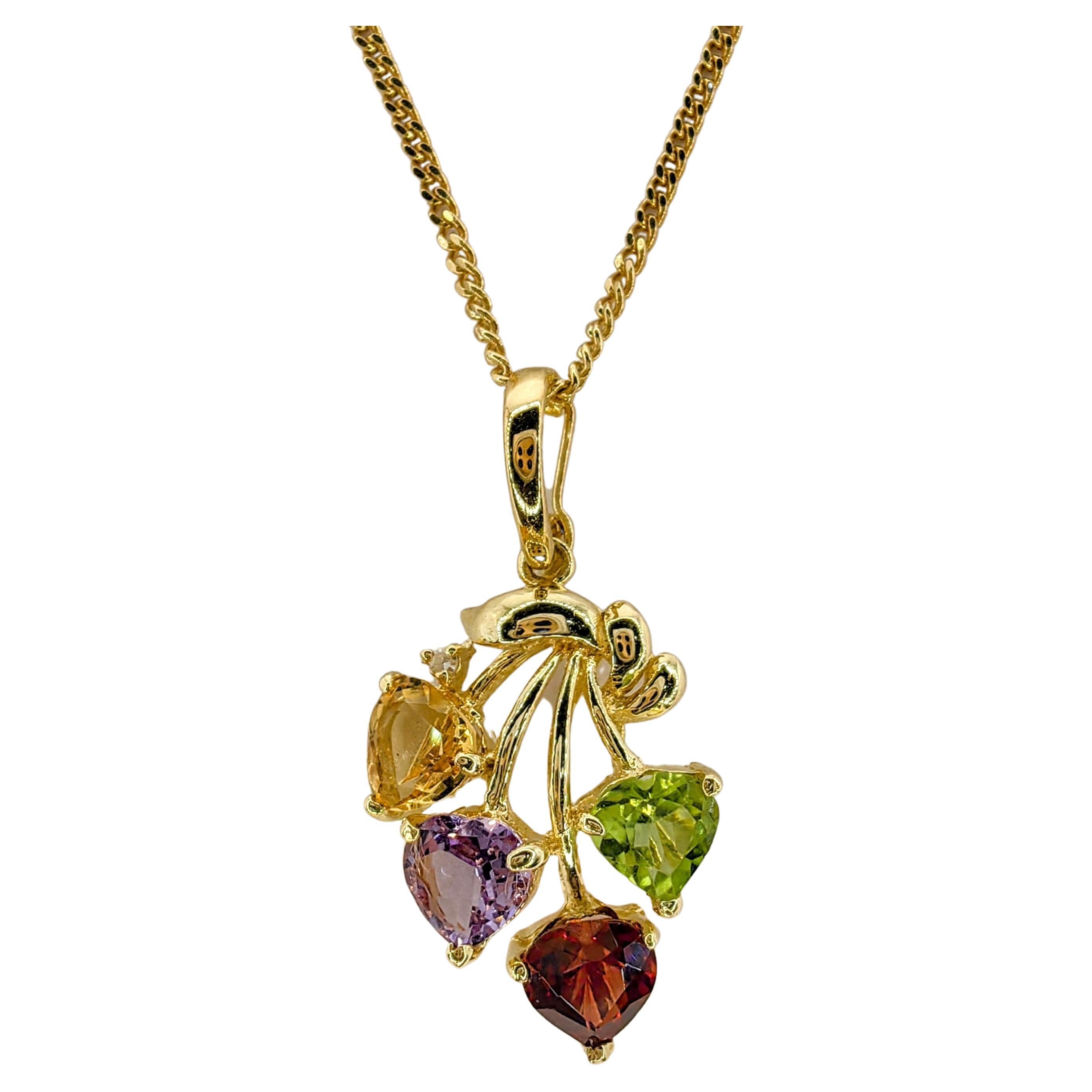 Collier pendentif en or 14 carats en forme de cœur avec améthyste, citrine, grenat et péridot, années 1980