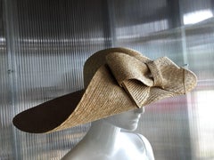 Helene Berman Wide Folded Brim and Large Bow Natural Straw Hat , 1980s