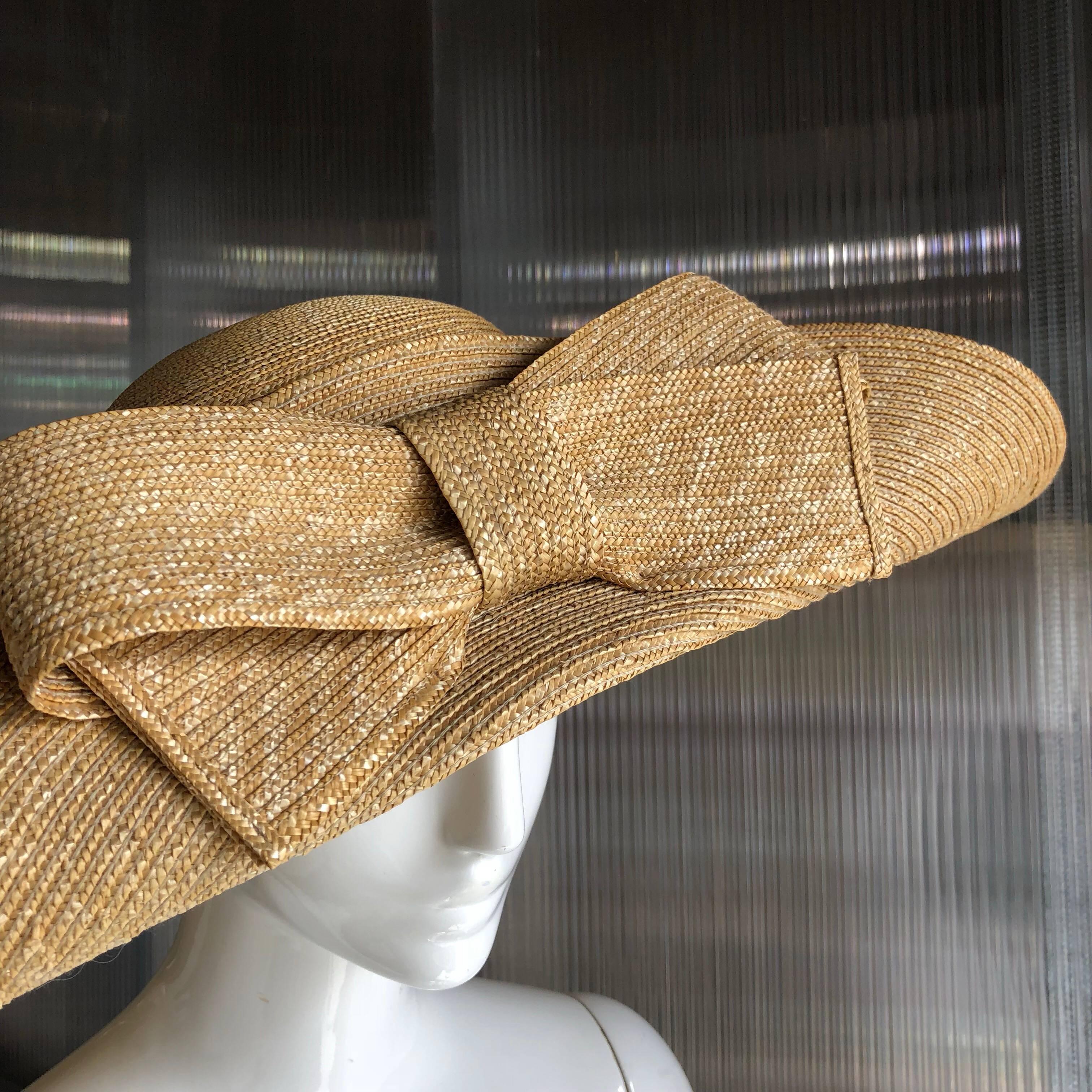 Beige Helene Berman Wide Folded Brim and Large Bow Natural Straw Hat , 1980s 