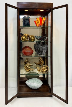 1980s Henredon Campaign Vitrine Cabinet, Oak and Beveled Glass