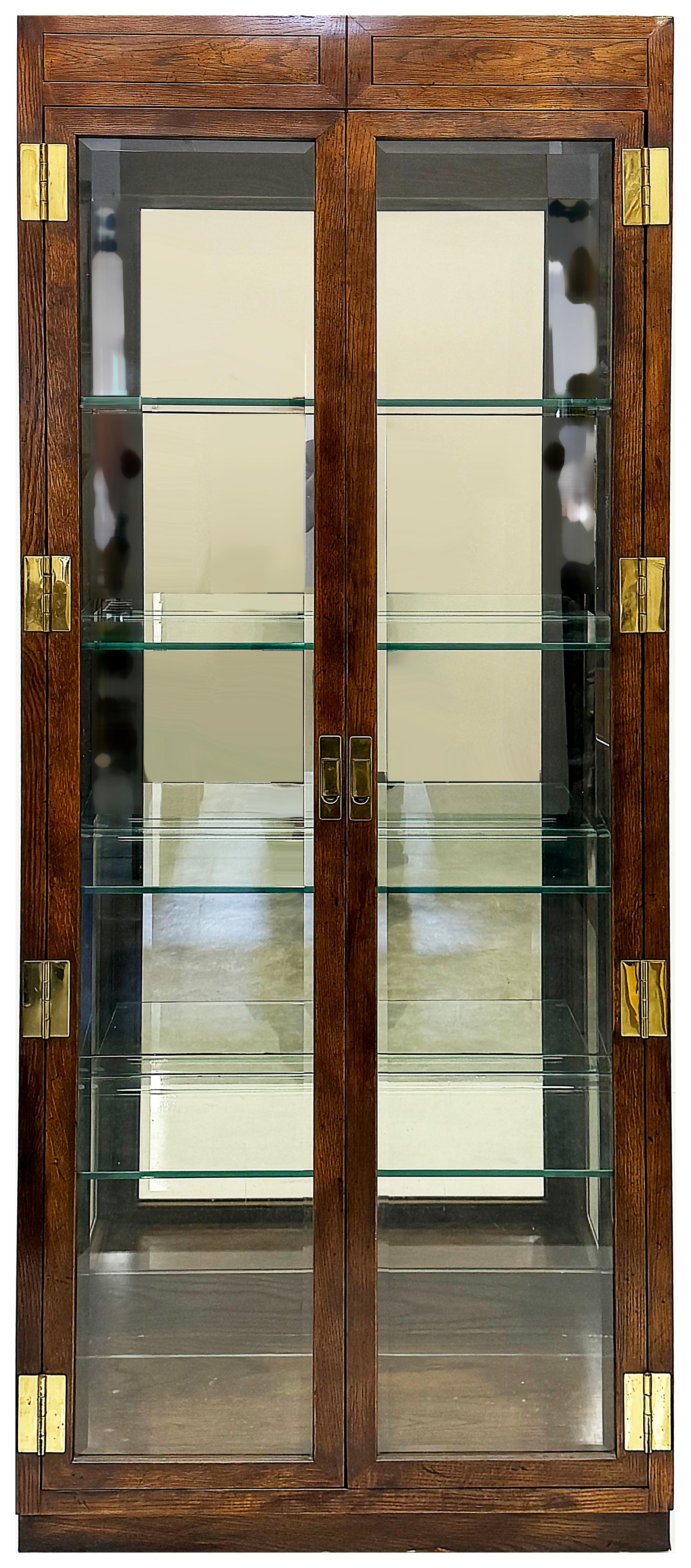 Late 20th Century 1980s Henredon Campaign Vitrine Cabinet, Oak and Beveled Glass