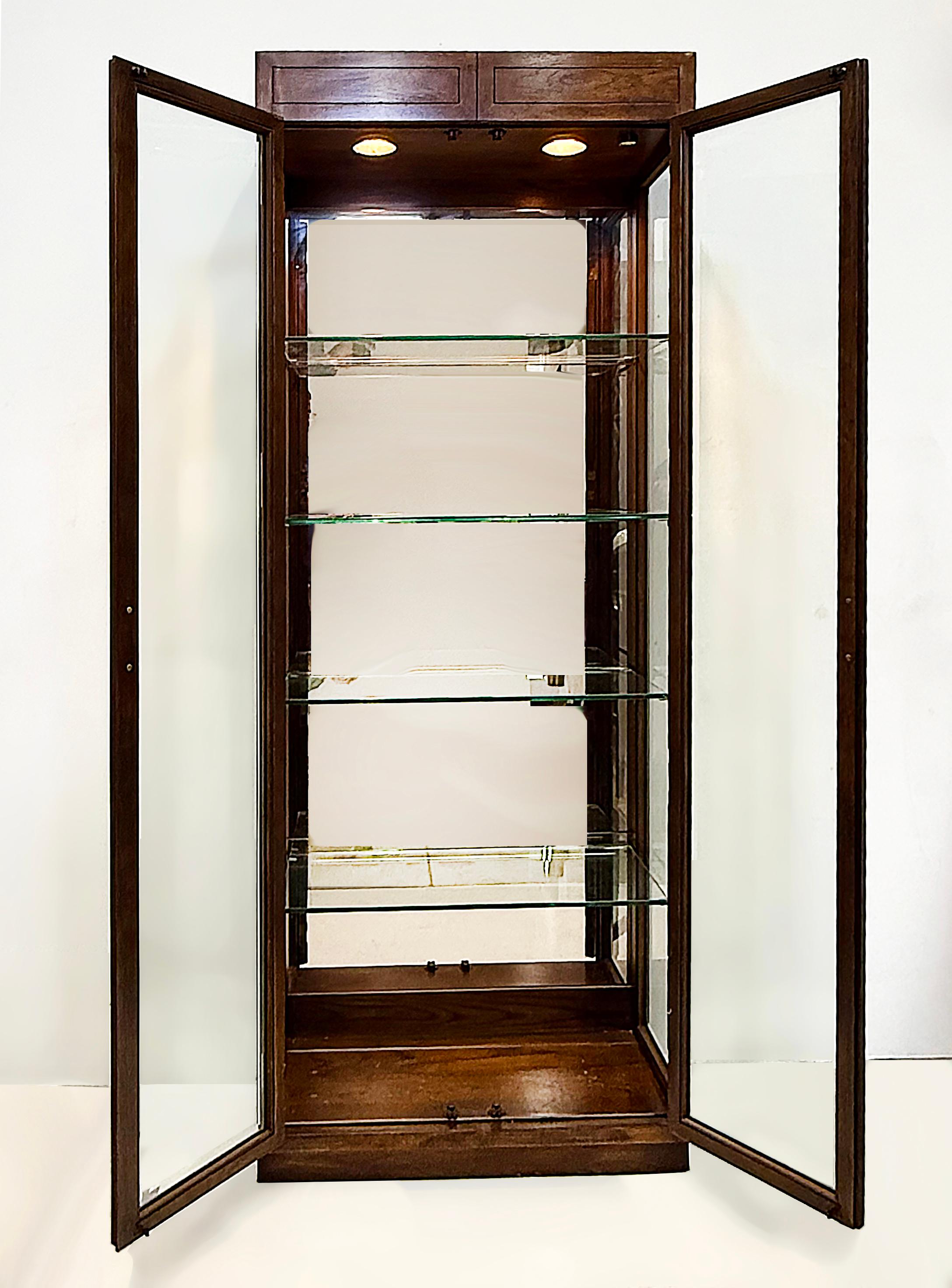 Brass 1980s Henredon Campaign Vitrine Cabinet, Oak and Beveled Glass