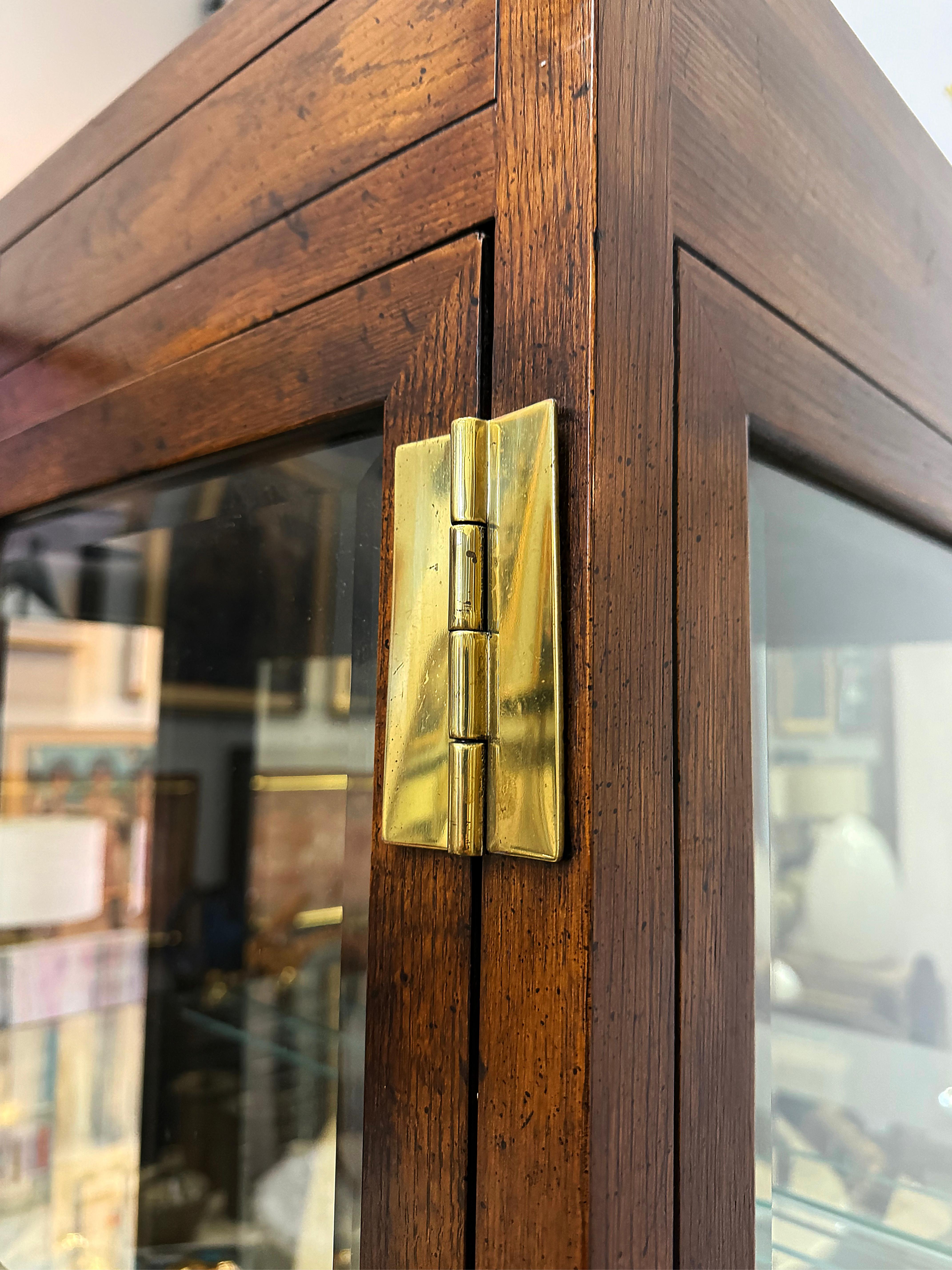 1980s Henredon Campaign Vitrine Cabinet, Oak and Beveled Glass 2