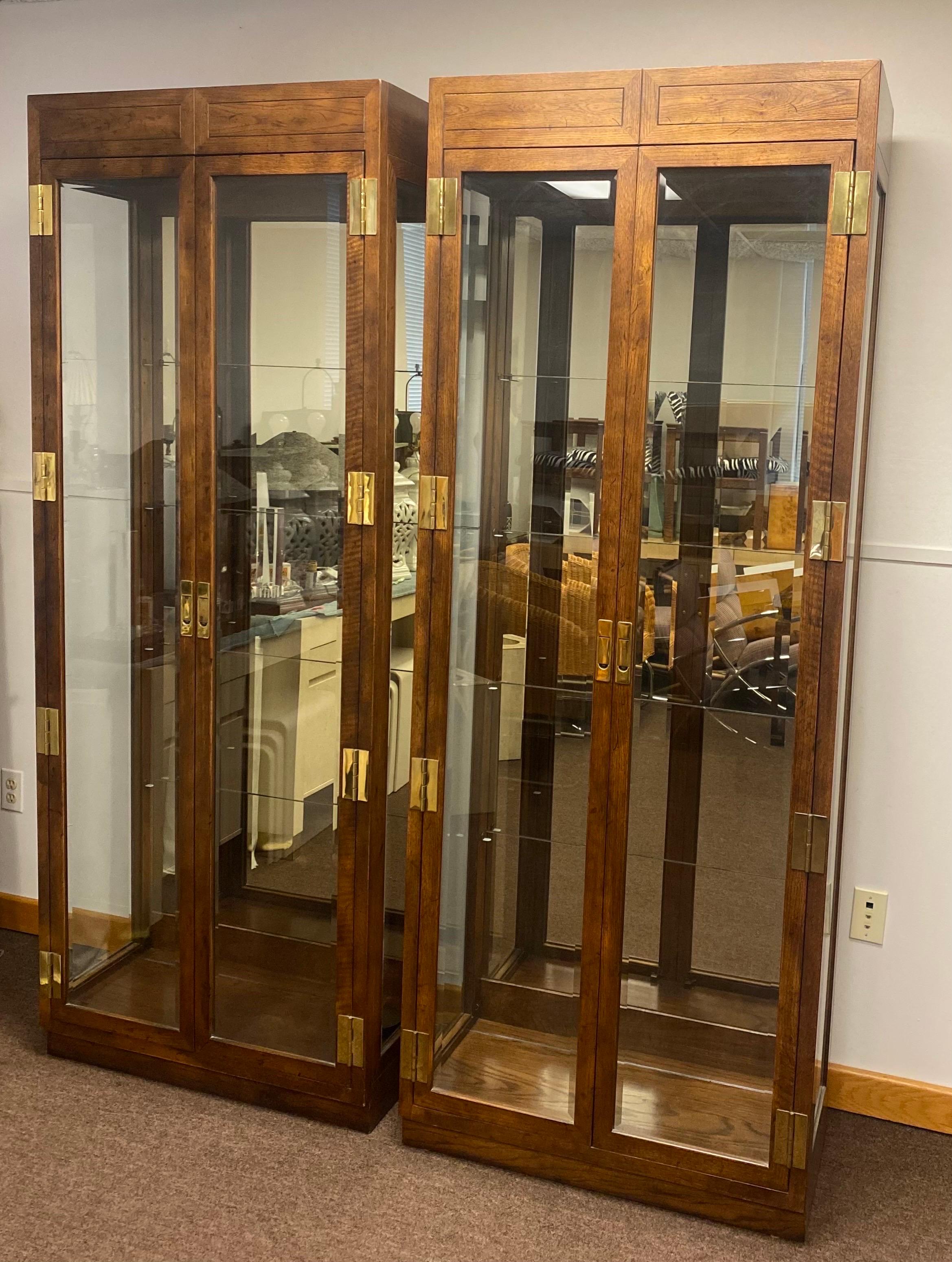 North American 1980s Henredon Scene One Campaign Wood and Glass Display Cabinets, Pair