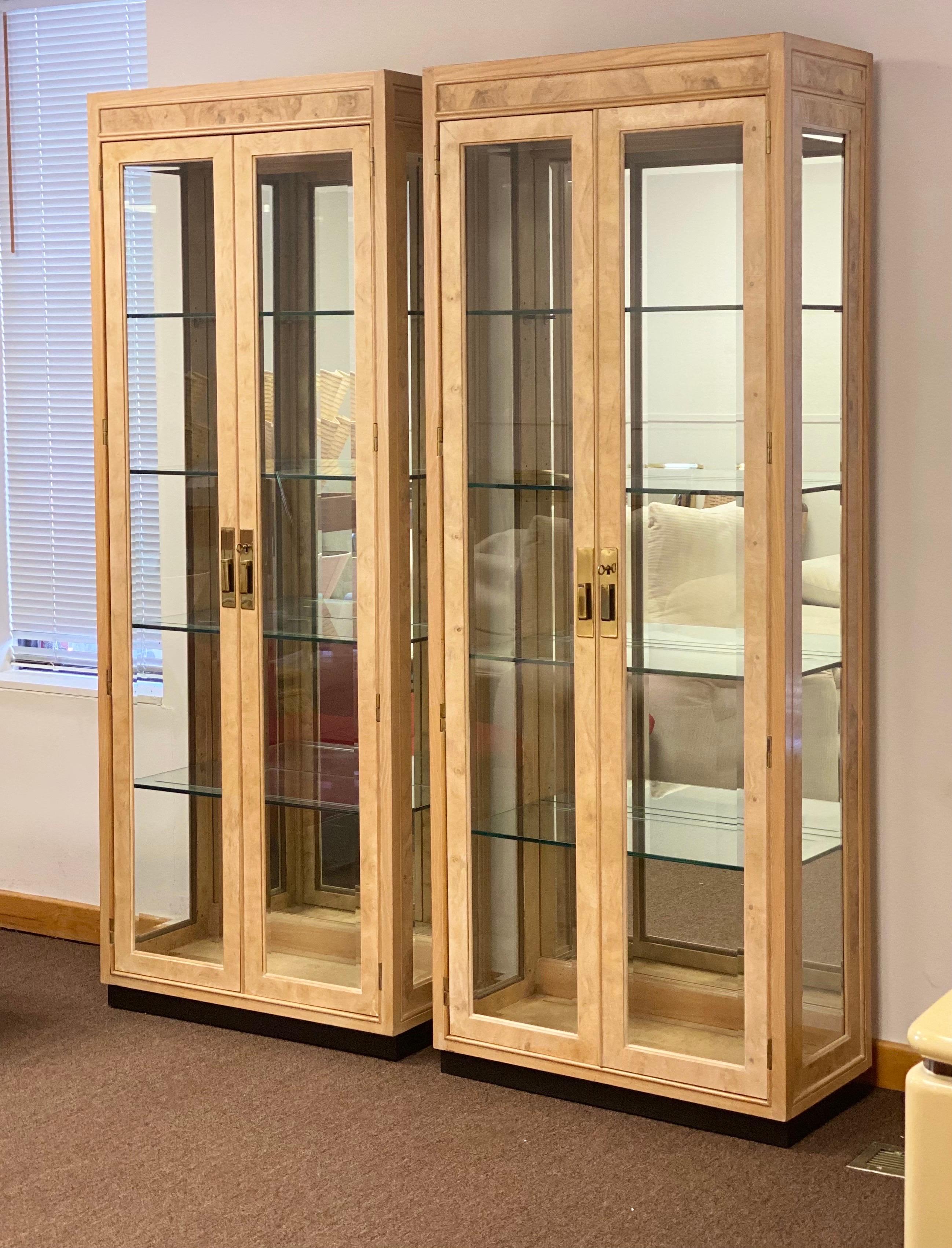 Hardwood 1980s Henredon Scene Two Burl Wood and Glass Display Cabinets, a Pair