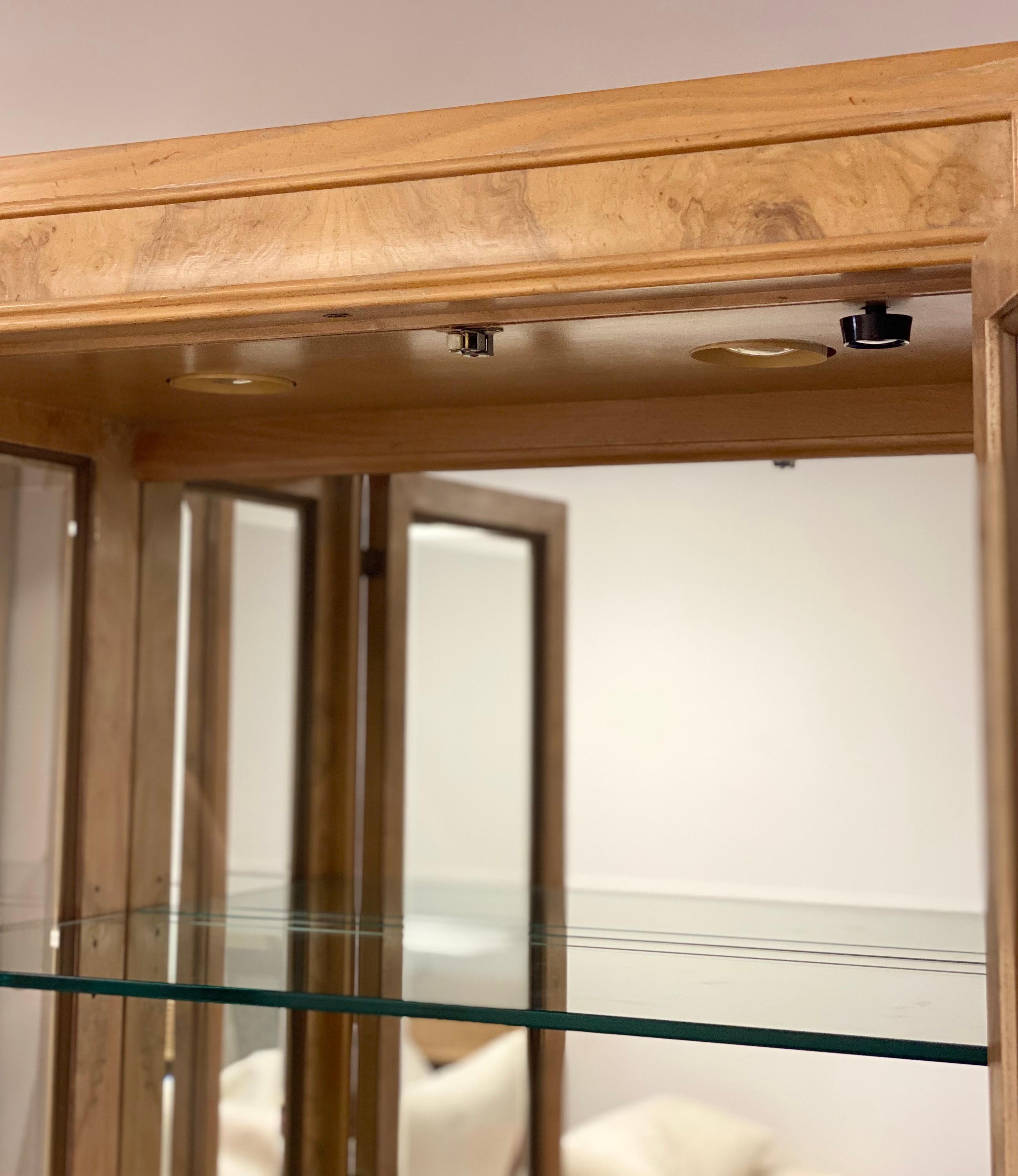 Late 20th Century 1980s Henredon Scene Two Burl Wood and Glass Display Cabinets, a Pair