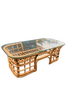 1980s Henry Link Bamboo Rattan Glass Table in Boho Chic Coastal Style