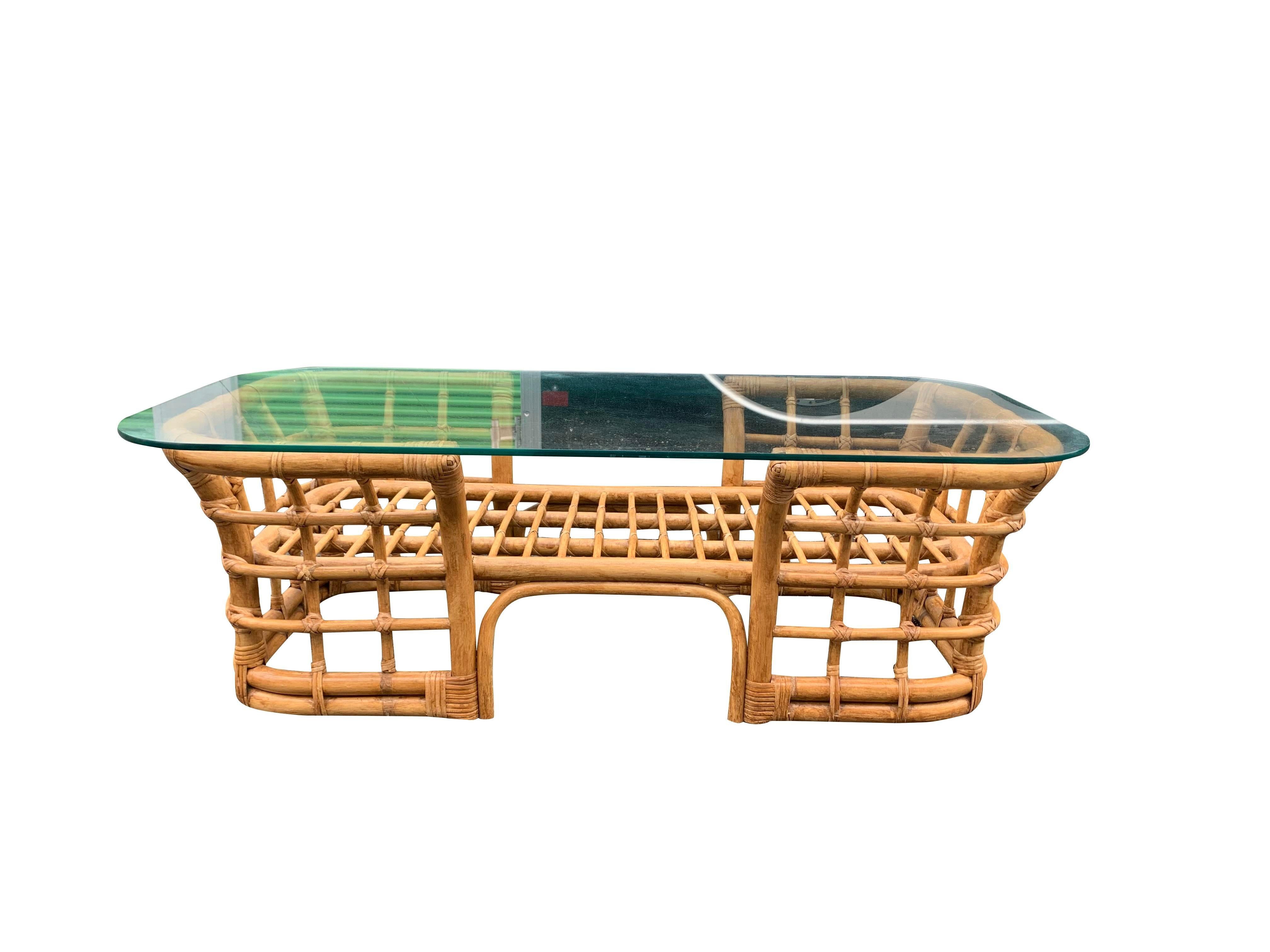 1980s Henry Link Bamboo Rattan Glass Table in Boho Chic Coastal Style In Good Condition In Saddle River, NJ