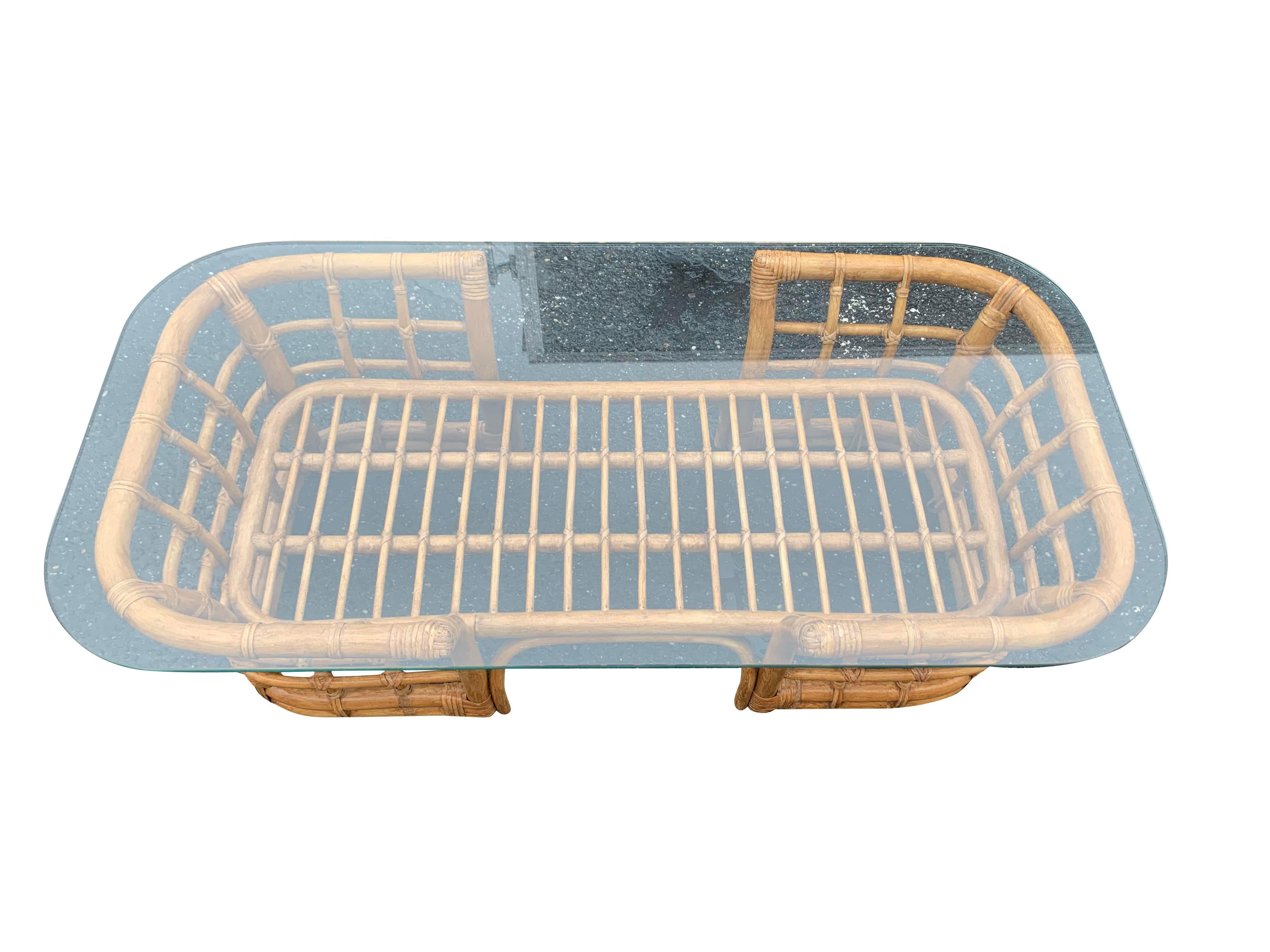 1980s Henry Link Bamboo Rattan Glass Table in Boho Chic Coastal Style 1