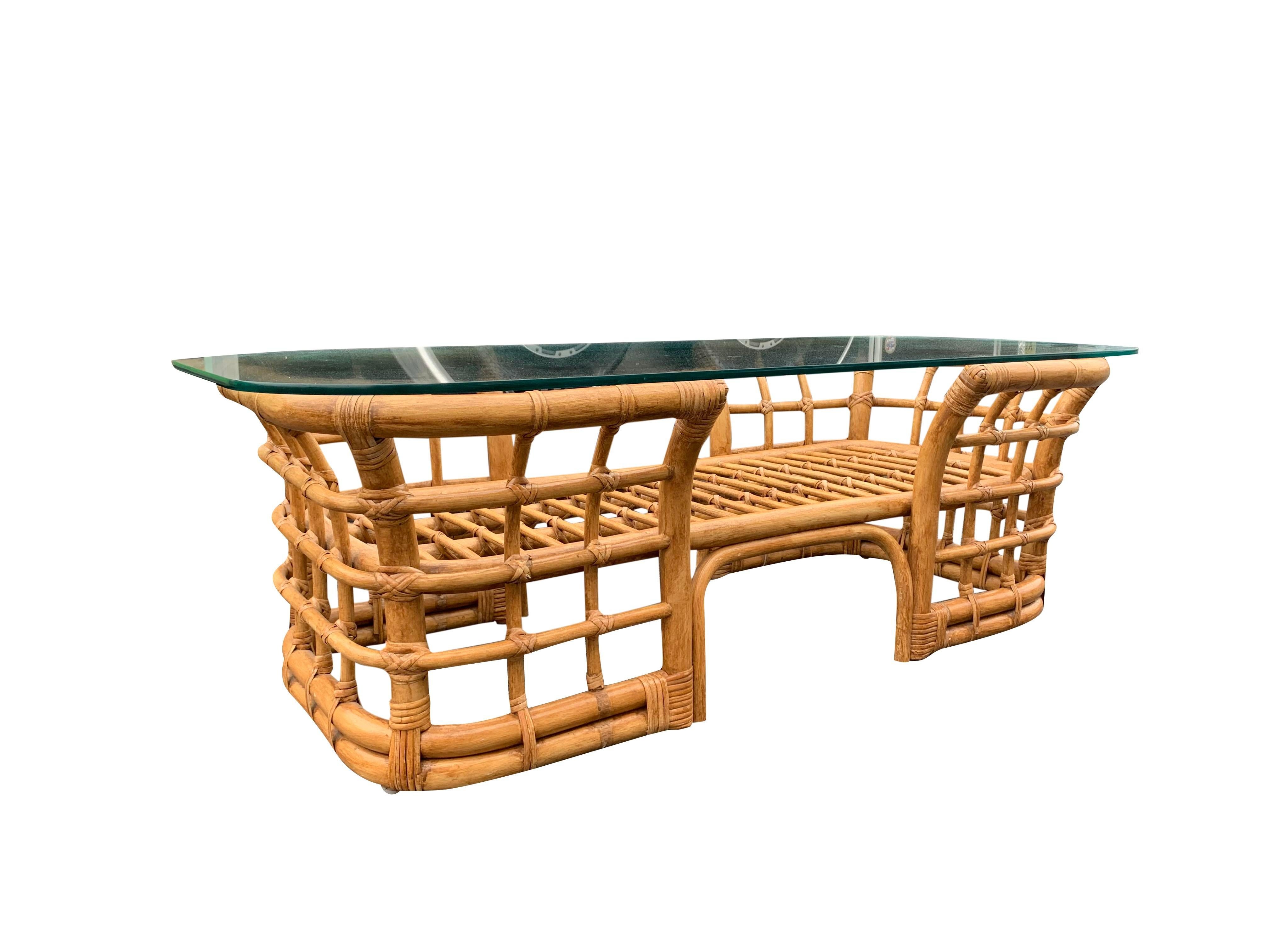 1980s Henry Link Bamboo Rattan Glass Table in Boho Chic Coastal Style 2