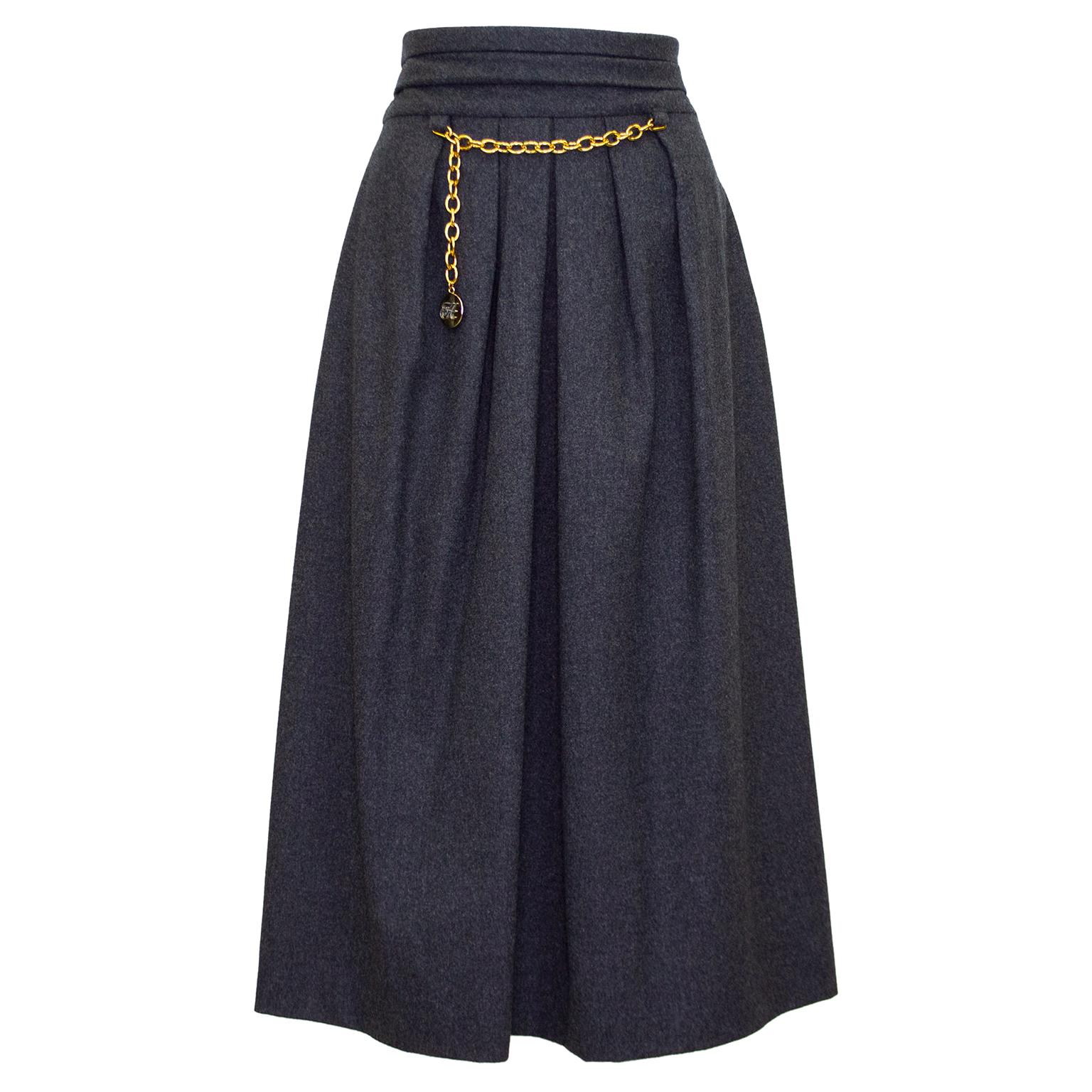 1980s Hermes Grey Wool and Cashmere Midi Skirt 
