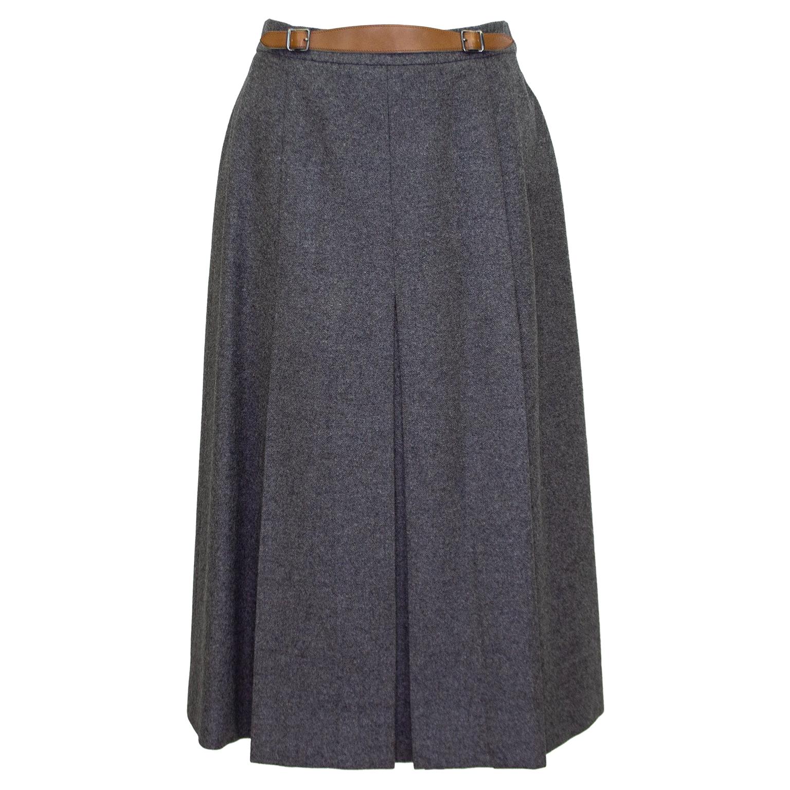 1980s Hermes Grey Wool Skirt with Leather Detail  For Sale