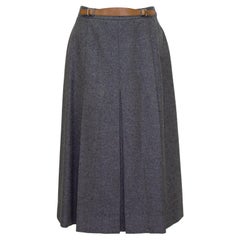 Retro 1980s Hermes Grey Wool Skirt with Leather Detail 