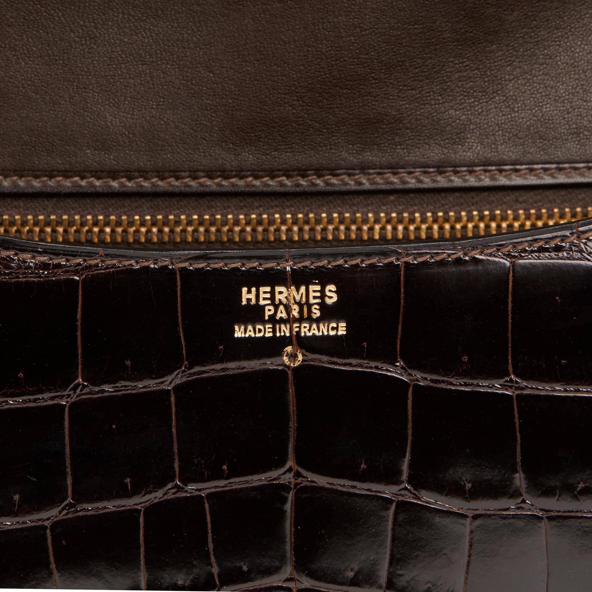 1980's Hermes Marron Fonce Shiny Caiman Crocodile Leather Vintage Constance 24 1
